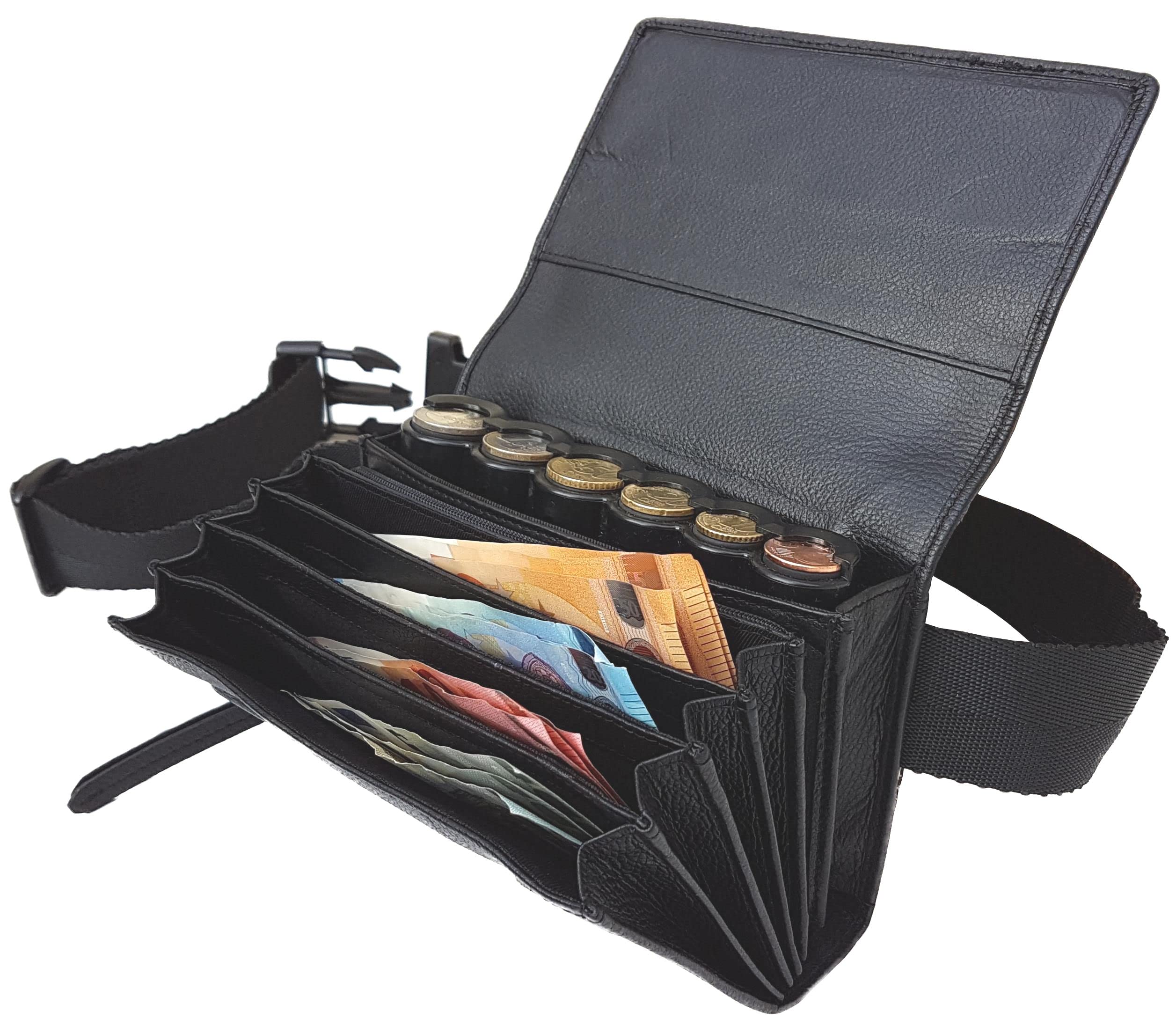 Sacoche Banane Monnayeur pour Serveurs, Serveuses en Véritable Cuir avec Distributeur de 6 Pièces Euro, Fermeture par Aimants Puissants, Brasserie, Restaurants, Cinéma, Bus, Taxi