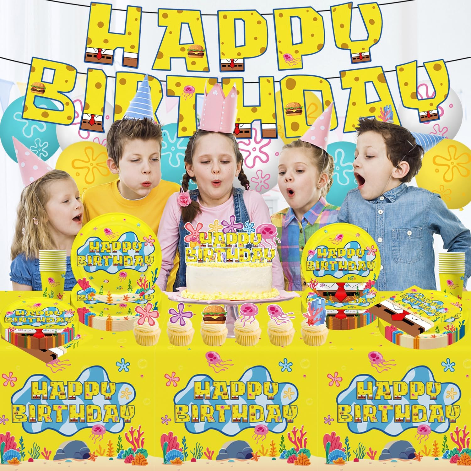 104Pcs Yellow Birthday Decorations Tableware Yellow Themed Birthday Party Supplies Include Banner Balloons Plates Napkins Cups Tablecloth Cupcake Toppers and Cake Topper for Party Decor Sever 20