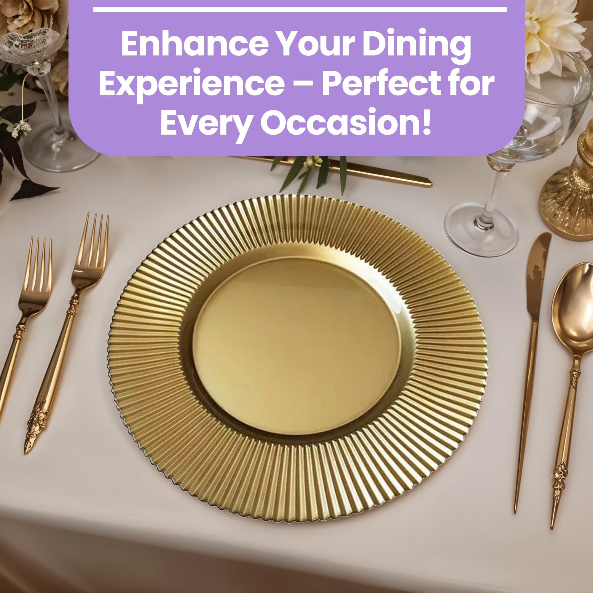 Platos de carga dorados con borde acanalado, 33 cm, elegantes placas inferiores de polipropileno para bodas, fiestas, aniversarios, cumpleaños, vajilla, eventos de catering y eventos especiales, juego