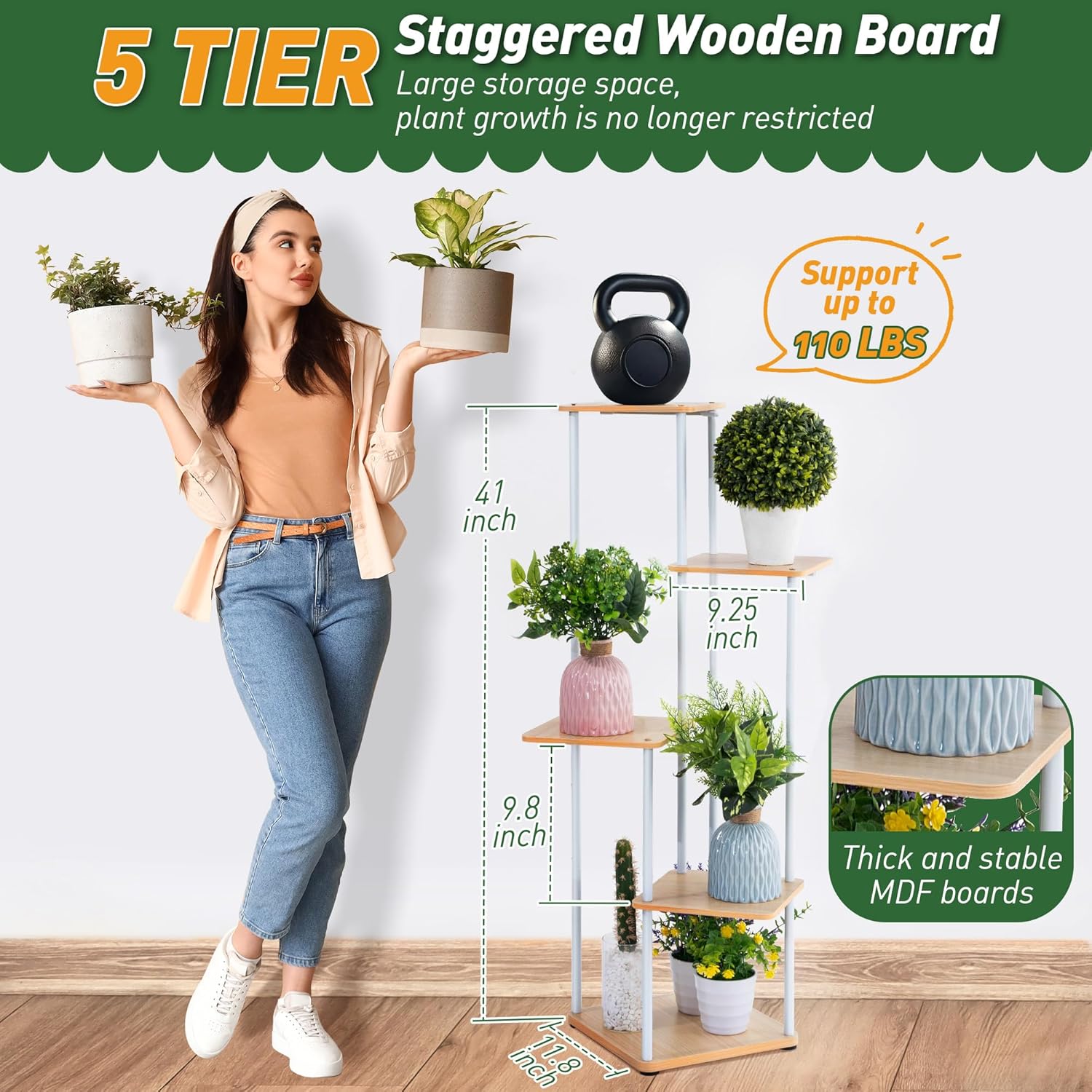 Dreyoo Plant Stand with Grow Light Indoor, 5 Tier 5 Potted Sturdy Metal Plant Shelf, Multiple Holder Tall Ladder for Display Flower Corner Living Room Office(White, Wood Color)