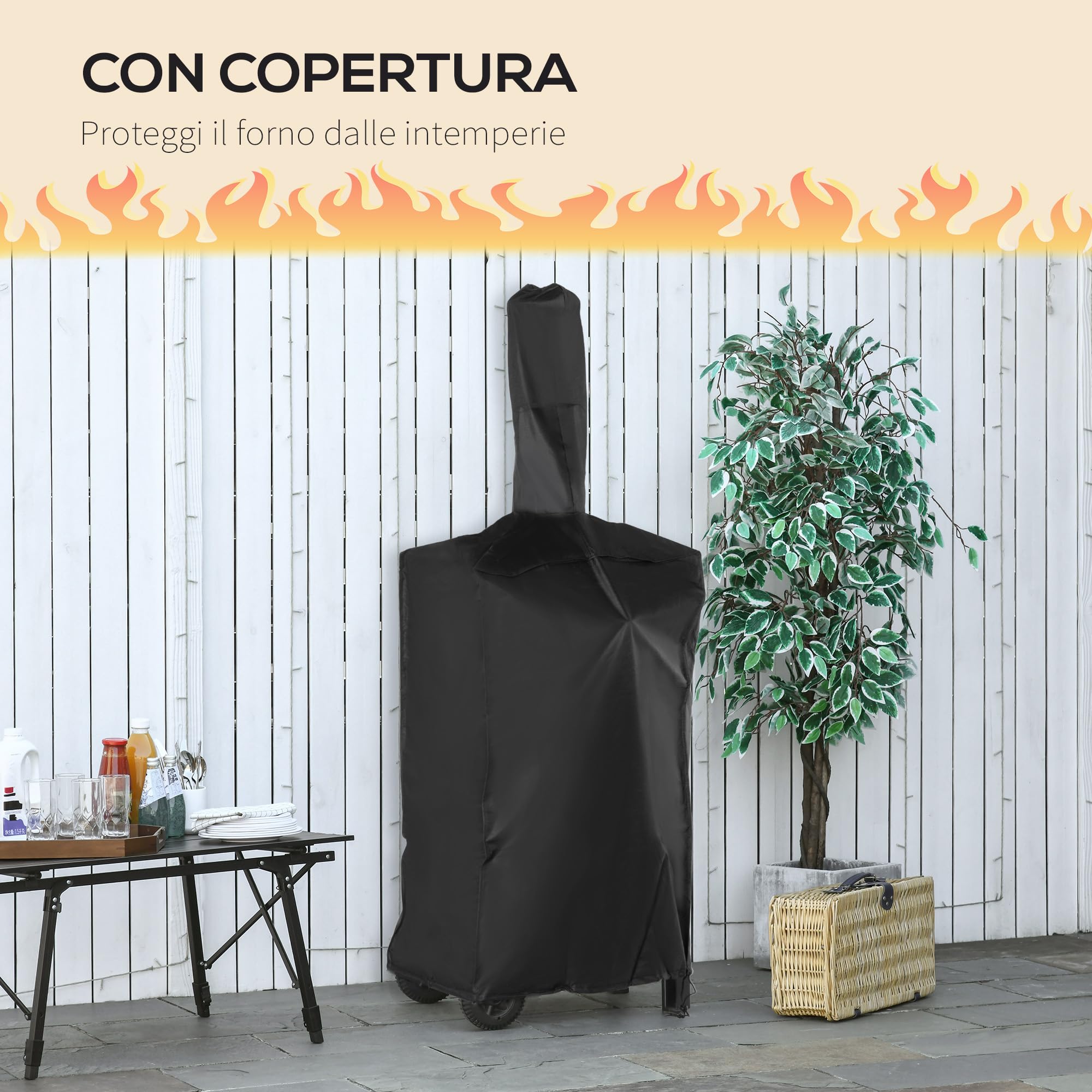 Outsunny Forno per Pizza e Barbecue a Carbone Portatile, Forno a Legna per Esterno con Ruote in Acciaio con Camino e Ripiano Inferiore, 63x54x161 cm, Nero