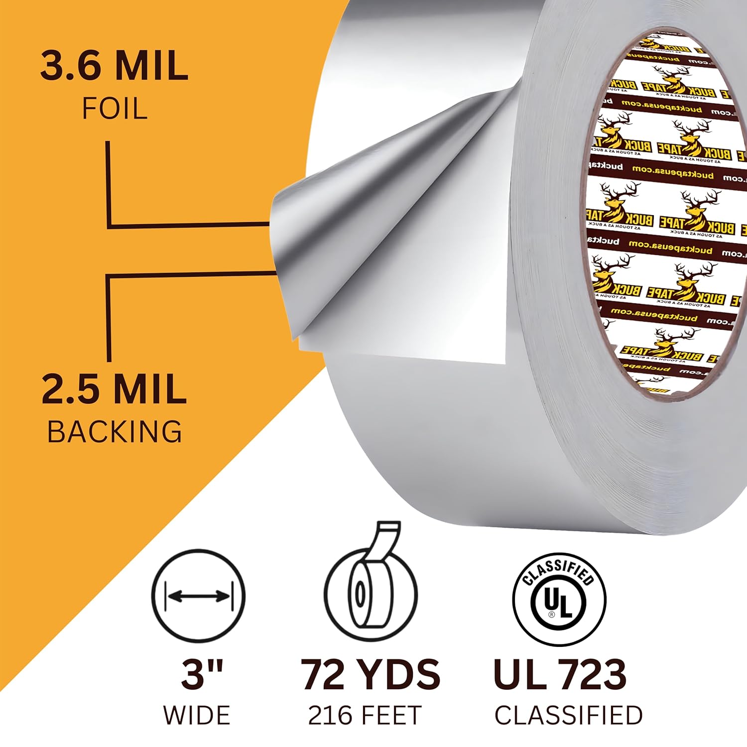 Buck Aluminum Foil Tape – 3 Inch x 216ft (72 yd), 3.6 Mil – HVAC Tape for Ductwork, AC, Dryer Vents & Insulation – Silver Foil Tape for Metal Repair, Exhaust Sealing & Air Conditioning (1 Pack)