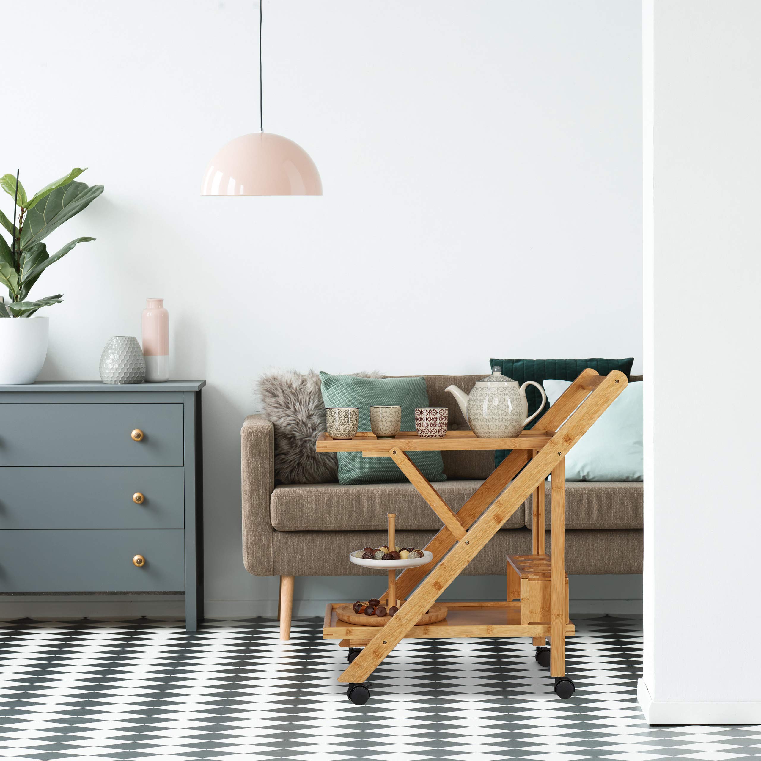 Relaxdays, Bambù, Carrello Portavivande da Portata, con Portabottiglie, Marrone, 70 x 40.5 x 65 cm, portata max di 8 kg