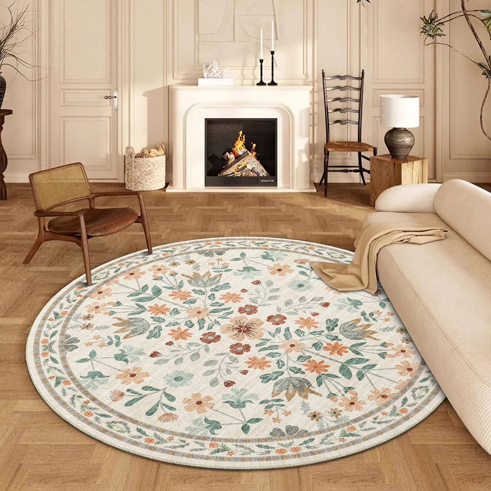 BYBSRLL Round Rug for Living Room 160cm, Vintage Rug Washable & Non-Slip Low Pile Circle Carpet, Soft Floral Circle Rugs for Bedroom, Boho Garden Rug Kitchen, Nursery, Entryway, Dinning Room, Beige
