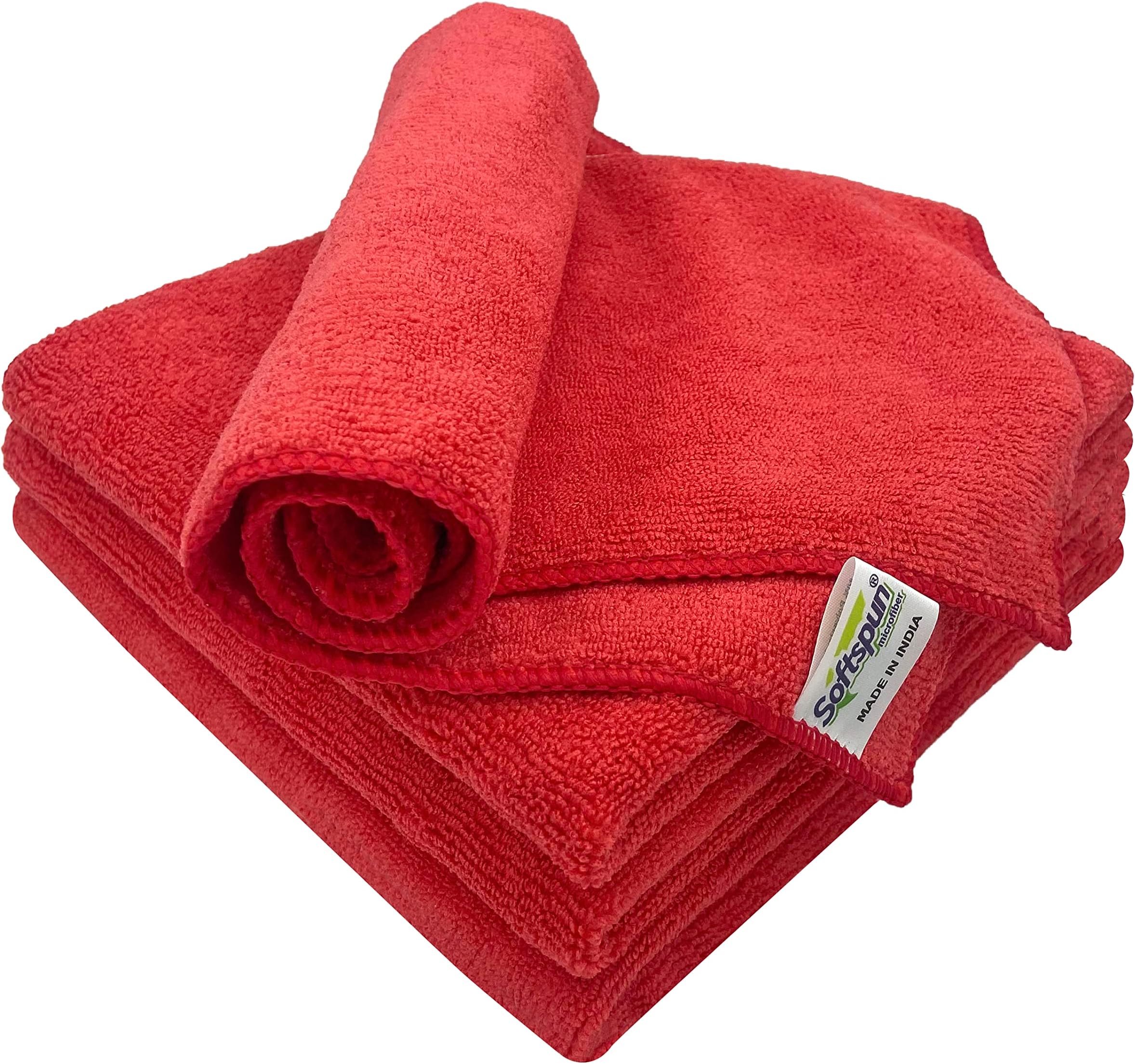 SOFTSPUN Microfiber Cloth - 4 pcs - 40x40 cms - 340 GSM Red - Thick Lint & Streak-Free Multipurpose Cloths - Automotive Microfibre Towels for Car Bike Cleaning Polishing Washing & Detailing…