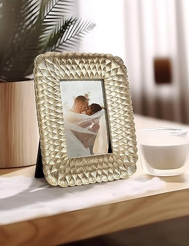 Miniatura 6 de Sonefreiy Marco de fotos dorado de 4 x 6, marco de fotos de resina para colgar en la pared y el escritorio, moderno marco de 4 x 6 pulgadas, patrón