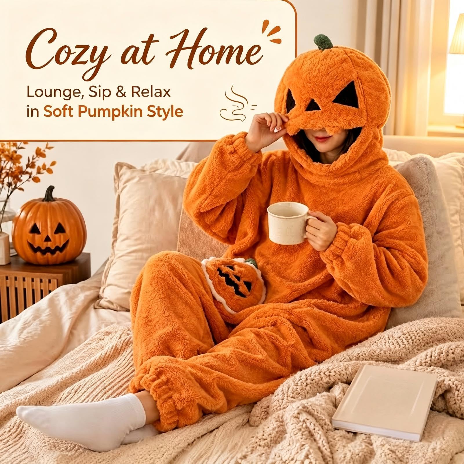 Generico Pigiama Intero Zucca Halloween in Peluche con Cappuccio Oversize | Goditi il ​​massimo comfort e uno stile festoso con questa tutina in peluche a forma di zucca, perfetta per Halloween