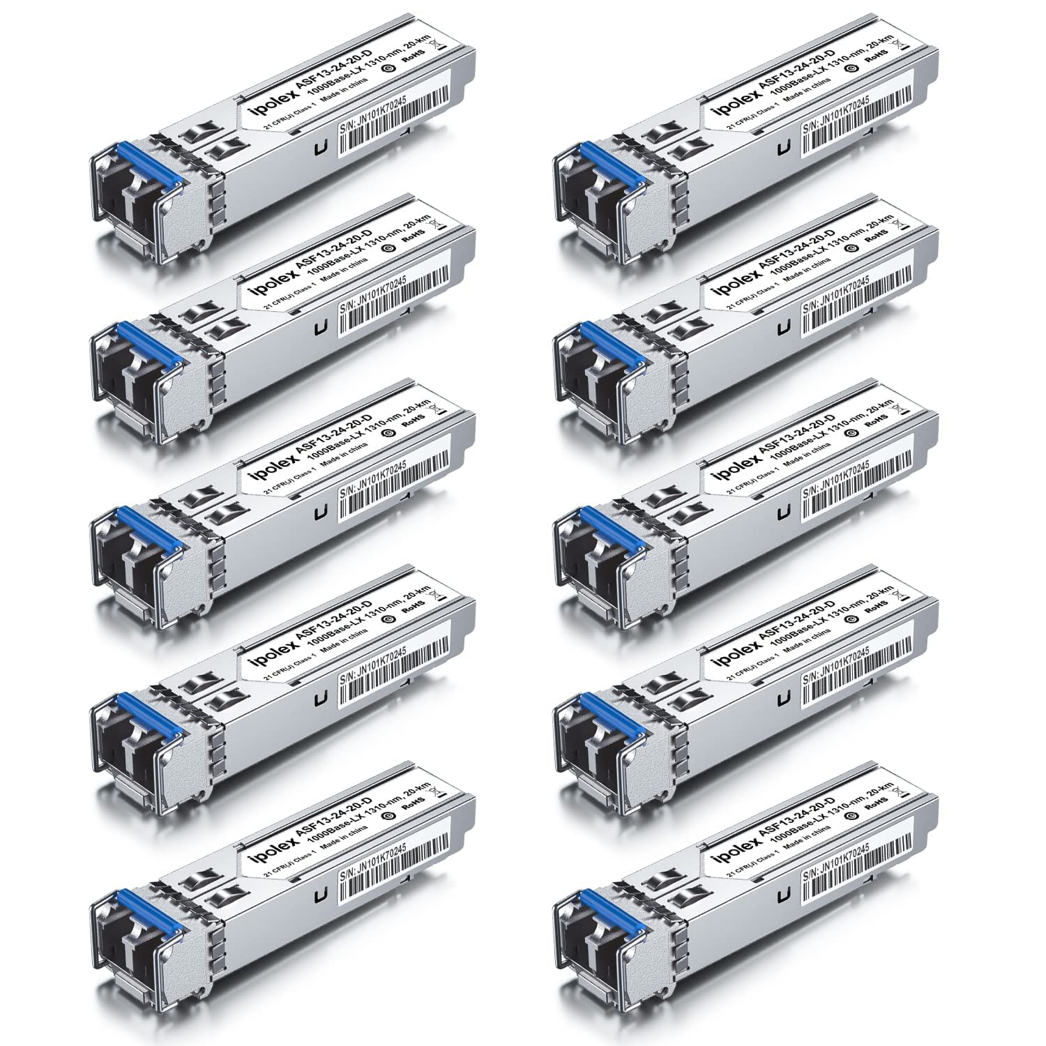 ipolex 10 PCS Transceptor LC monomodo SFP LX de 1 G, módulo Mini-Gbic 1000Base-LX Compatible con Cisco GLC-LH-SMD, Ubiquiti UF-SM-1G, Meraki, Netgear, Mikrotik, Zyxel, etc. (SMF, 1310 NM, 20 km).