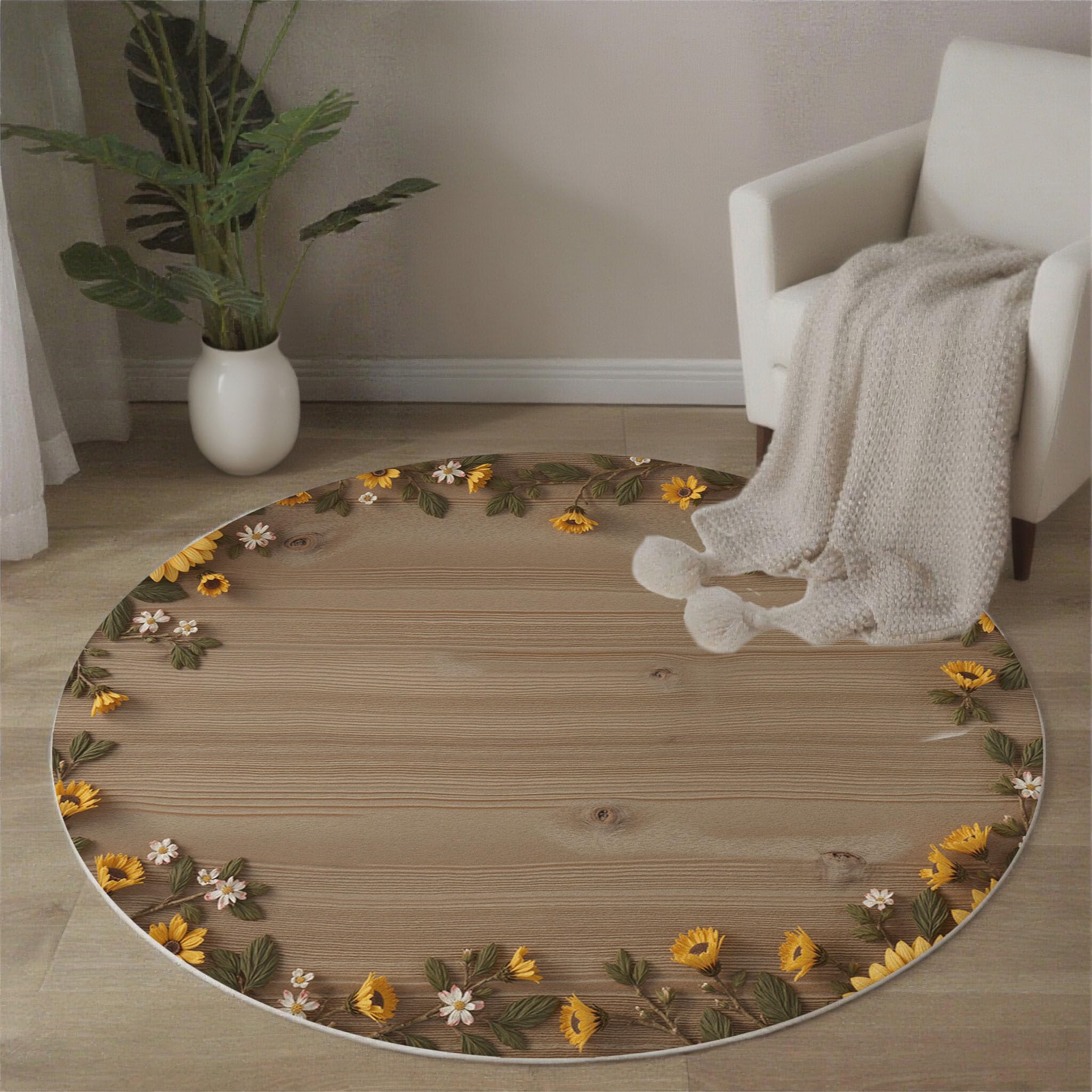Landhausstil Waschbarer Runder Teppich 150cm, Pflegeleicht rutschfest Natürlich Sonnenblumen Holzmaserung Teppich, Kurzflor Gelb Teppiche für Schlafzimmer Badezimmer Eingangsbereich Kinderzimmer