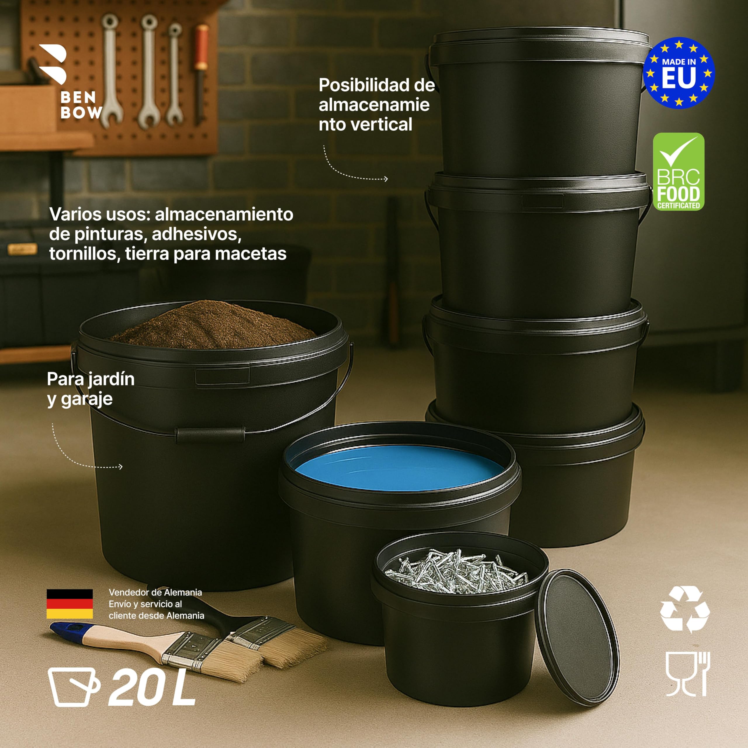 BenBow Cubo con Tapa 20L Negro 20x 20 litros -Seguro para los Alimentos, Estable, hermético, a Prueba de Fugas - contenedor de Almacenamiento de plástico, con asa de Metal - vacío