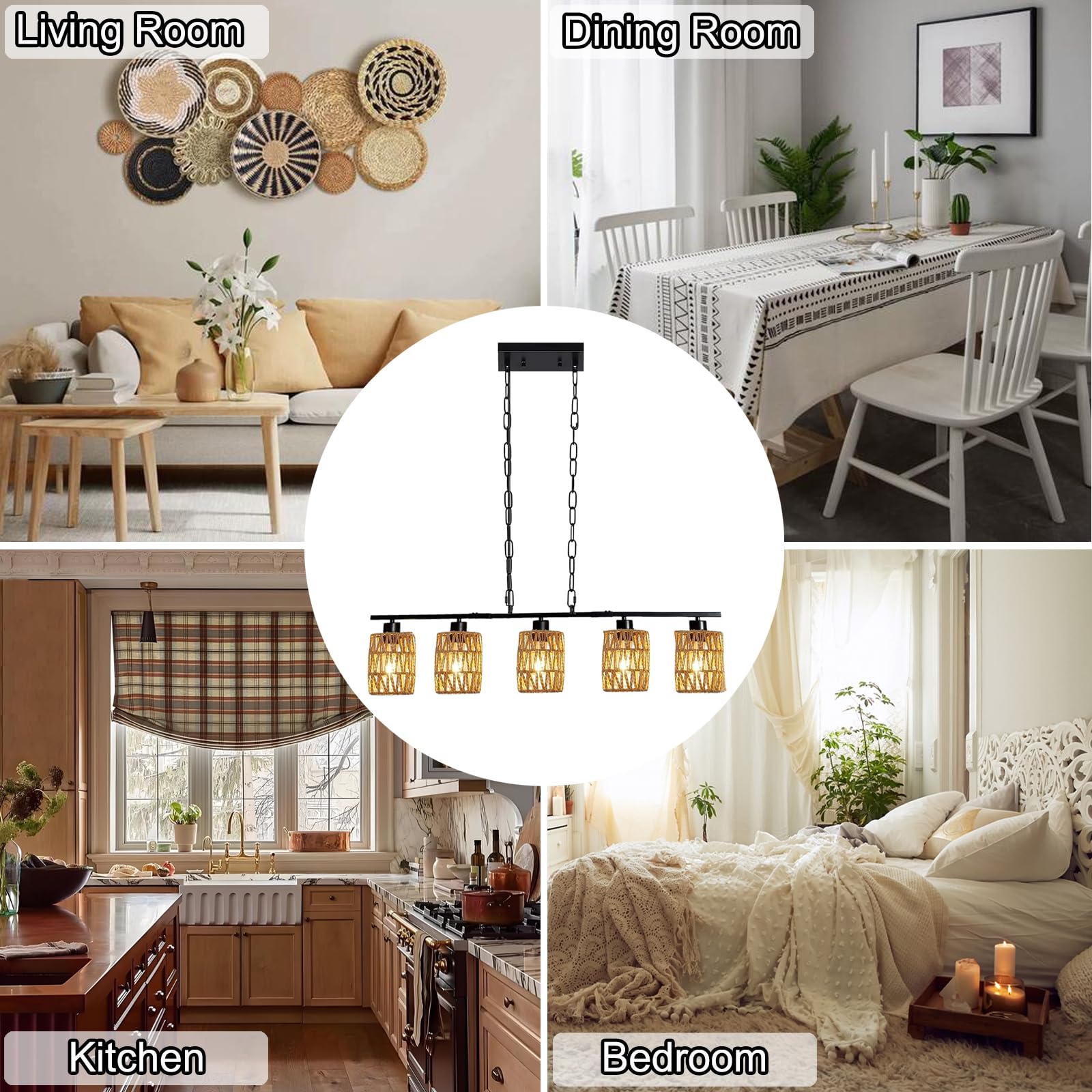 Pendelleuchte Rattan Schwarz 5 Flammige, Hängelampe Esstisch Boho HöHenverstellbar E27 Rustikal Retro Hängeleuchte Esstischlampe Hängend Vintage Metall für Küghe Esszimmer Wohnzimmer Bar Restaurant