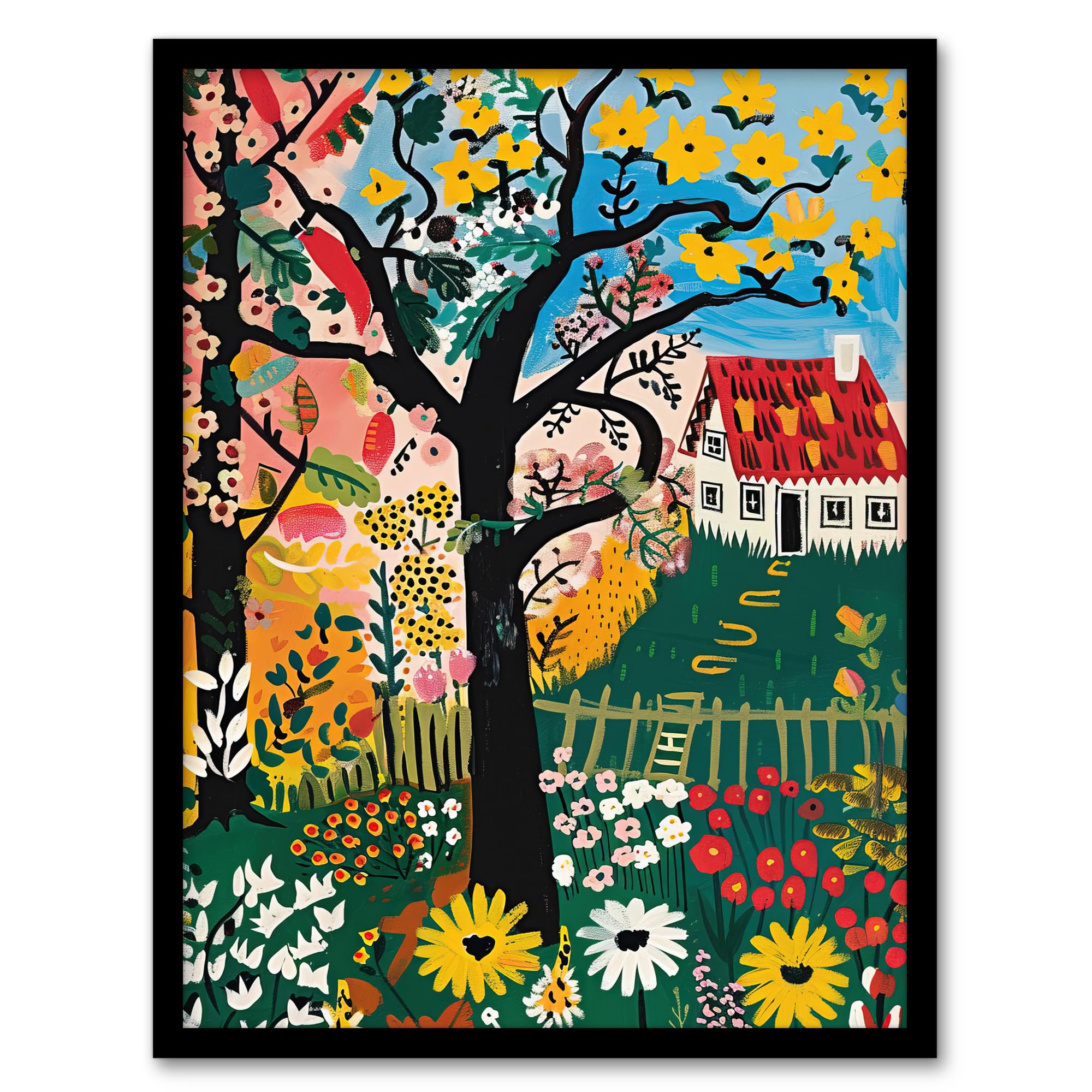 Artery8 Cottage House Garden Flowers Folk Art Painting Living Room Artwork Framed Wall Art Print 18X24 Inch
