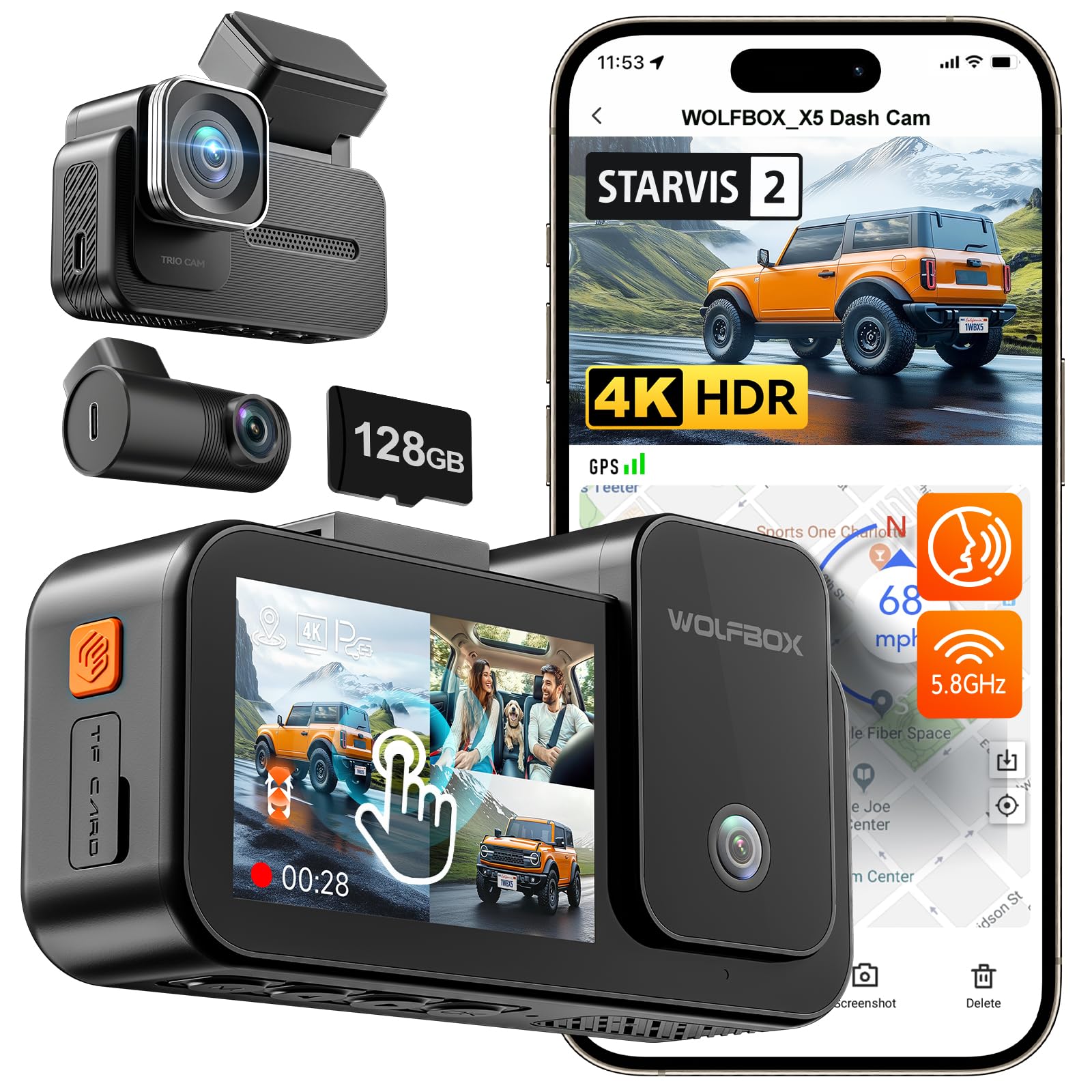 WOLFBOX X5 3 Channel 4K HDR Dash Cam, STARVIS 2 IMX678 Night Vision, 4K+2.5K+1080P Front and Rear Inside Car Camera with 128GB Card and GPS, Support Voice Control, Touch Screen and 5.8GHz WiFi