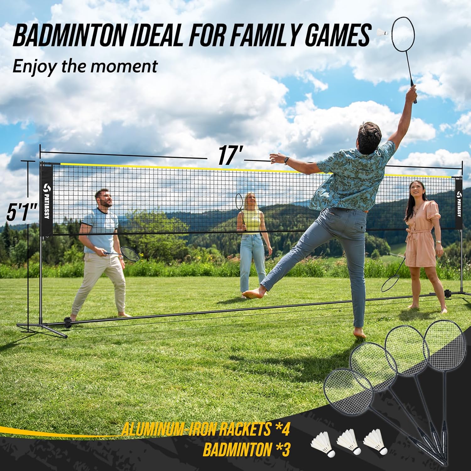Volleyball Badminton Pickleball 3-in-1 Combo Net Set for Backyards, 5.1-7.4ft Adjustable Height Freestanding Indoor Sports Nets, Portable 17ft Outdoor Net with Carry Bag, Rackets and Balls