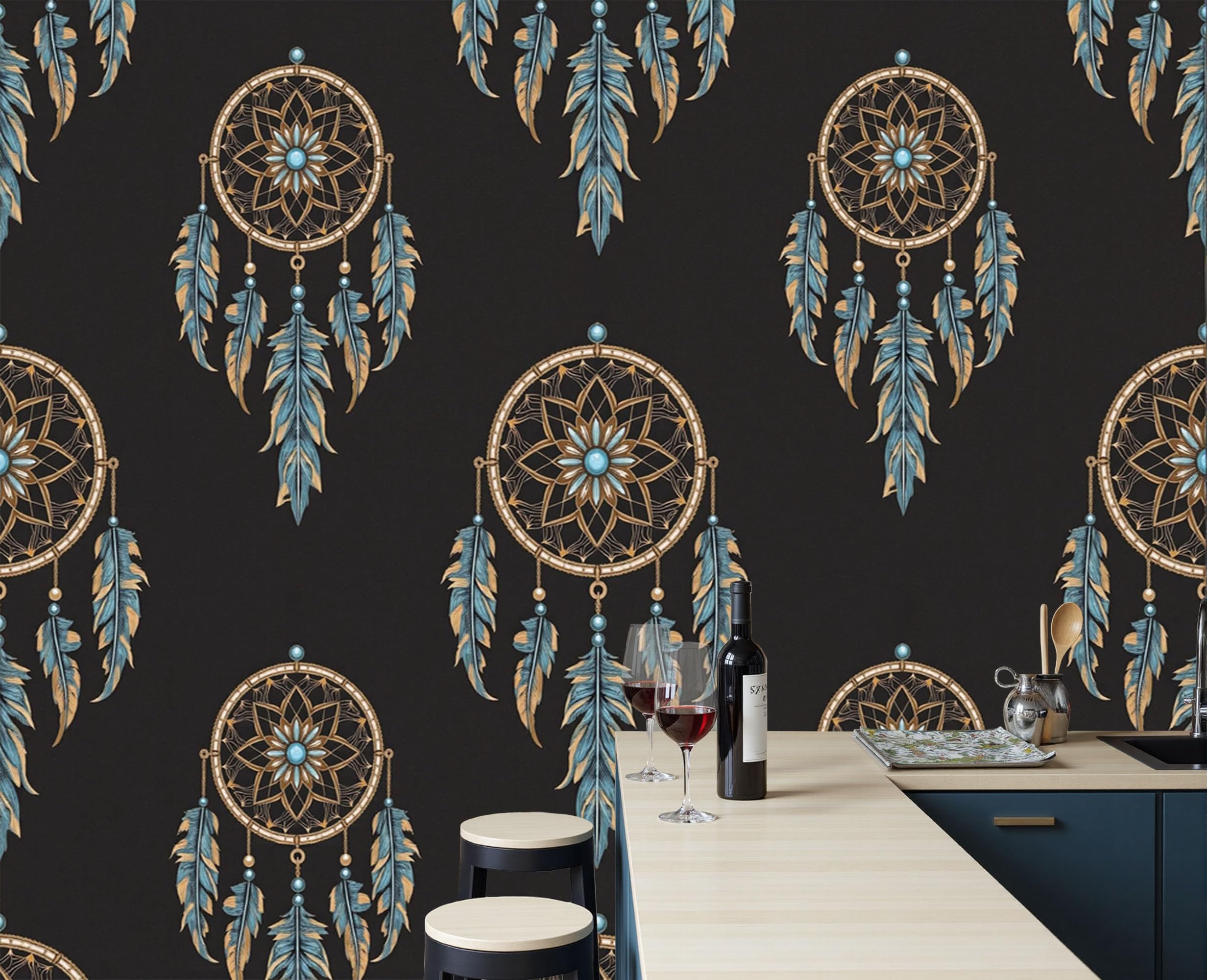 Fototapete Traumfänger Ethnische goldene Luxusfedern Wandtapete Groß Modern Wandbild für Wohnzimmer Schlafzimmer Büro Café 250x175cm(nicht selbstklebend,) Dekorative Tapeten,Non self-adhesive