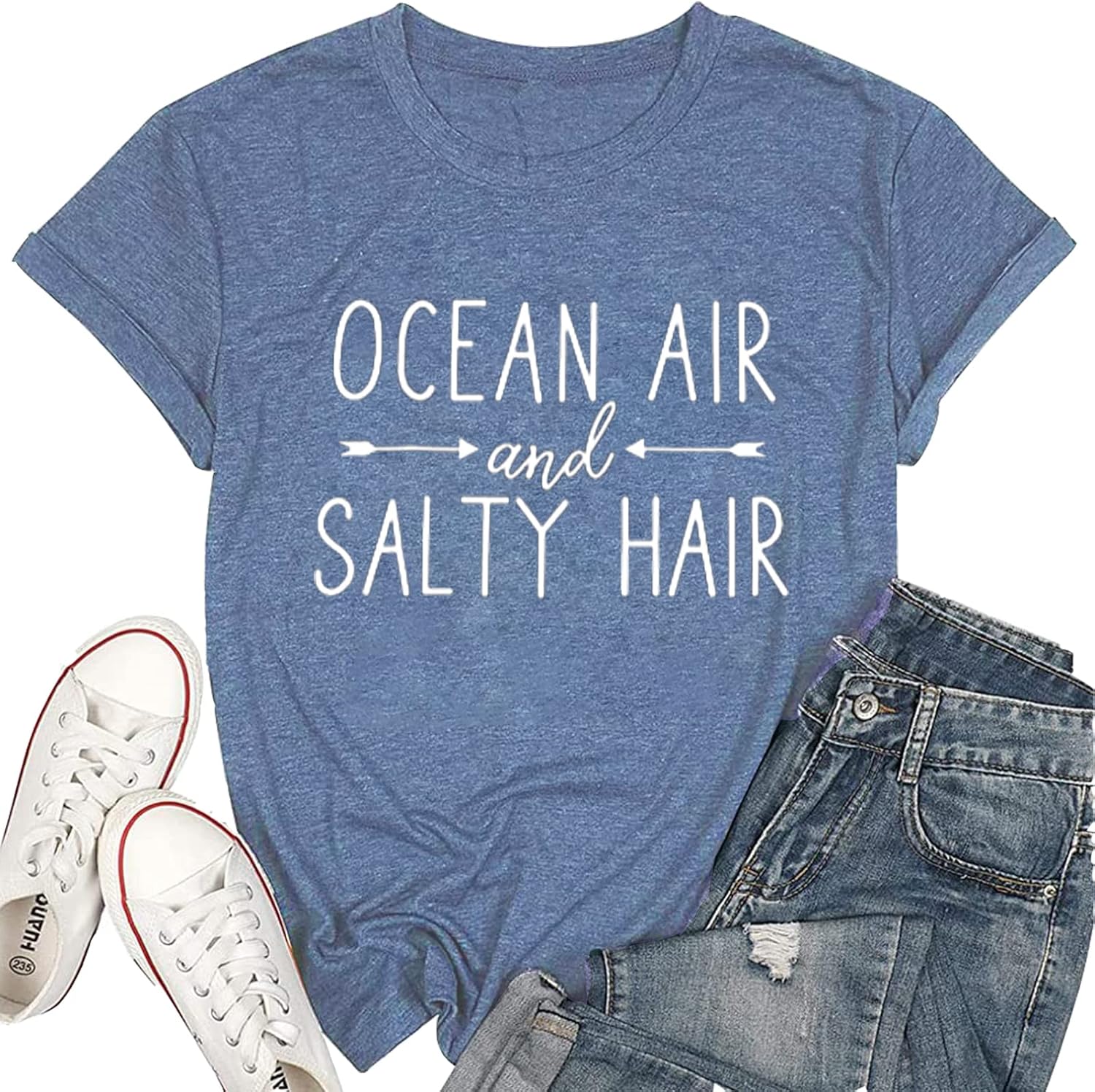 Ocean Air and Salty Hair Womens Graphic T Shirt Causal Short Sleeve Funny Shirt Top Tee Athletic Shirts