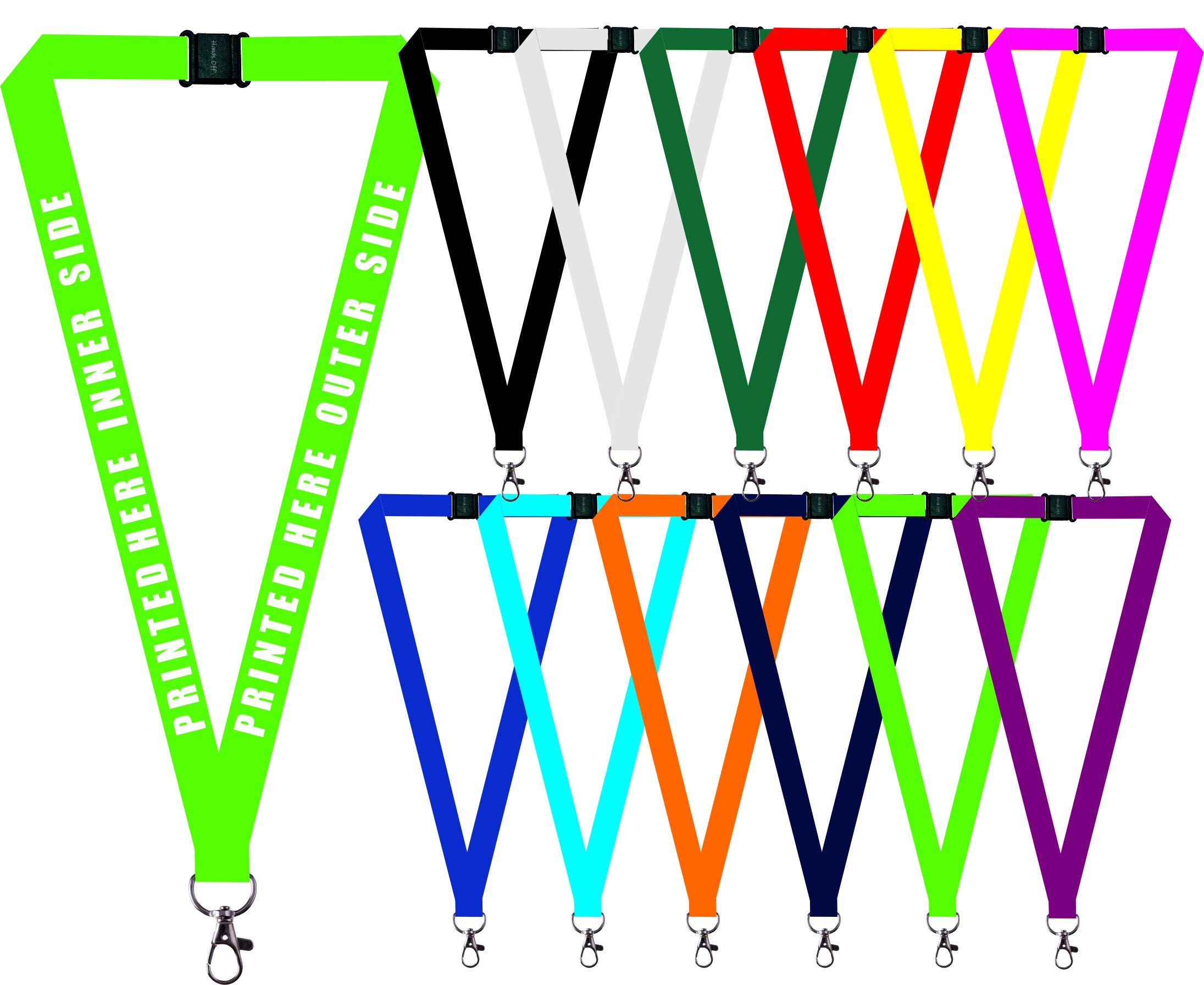 1 x Personalised Printed Neck/Lanyard. Personalised ID Neck Strap Lanyard for holding a name badge, ID card or keys. Red, Blue, Black, Yellow, White (LIME GREEN) (Hands Off ® Lanyard) — image 1