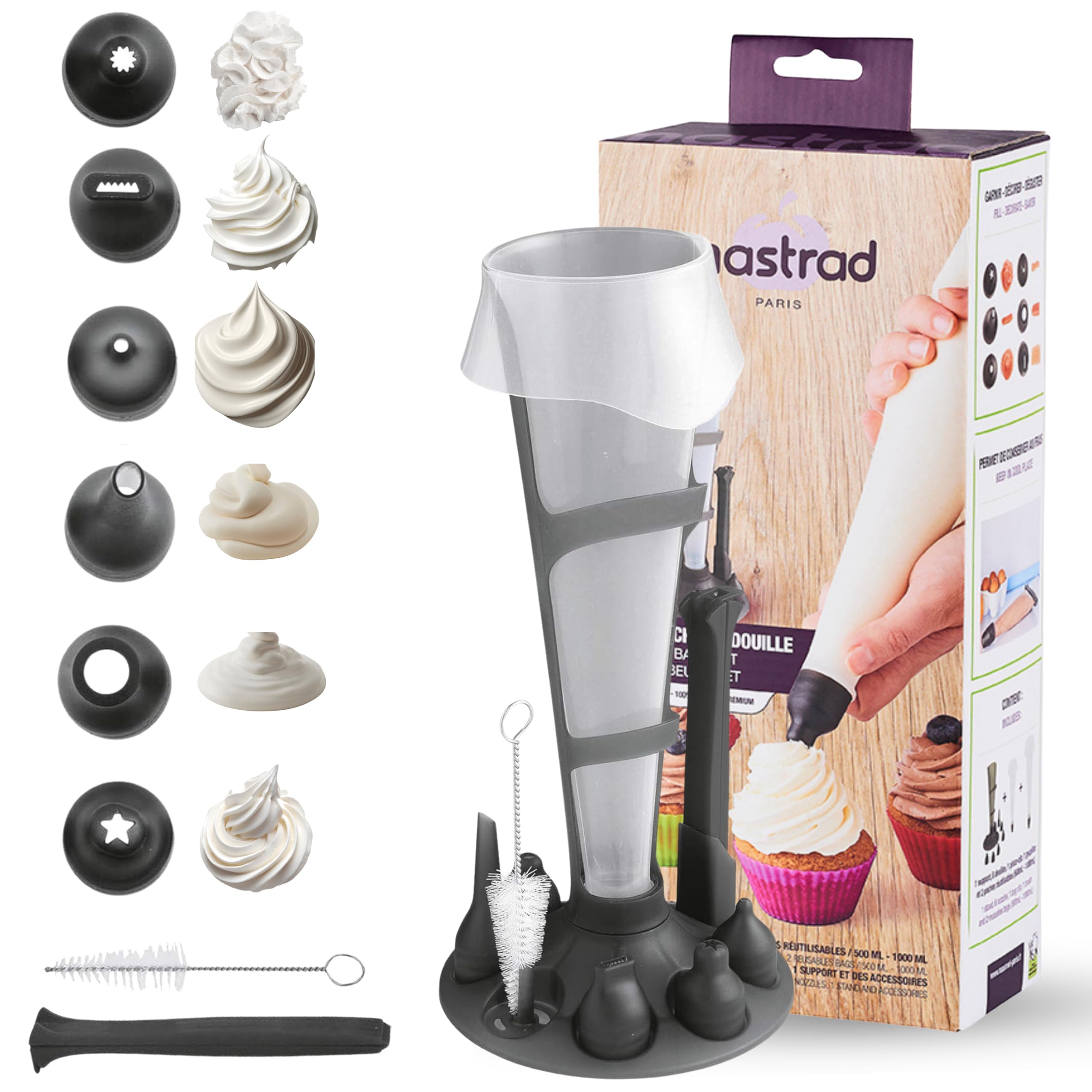 MASTRAD - Set 2 Poches à Douille Professionnelle Réutilisables + Support + Goupillon de Nettoyage - Cuisine Pâtisserie Desserts - Contenance 500ml et 1L - Sans BPA, Noir
