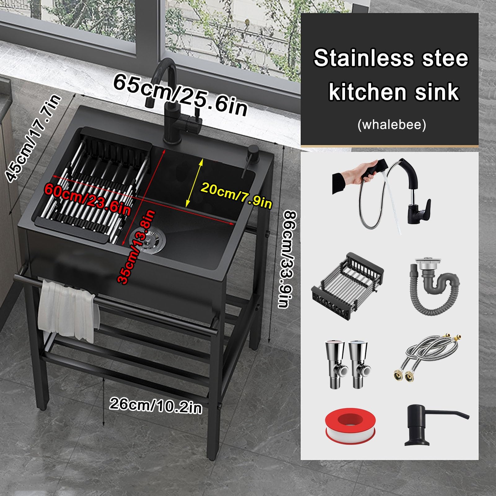 Spülbecken Edelstahl Küchenspüle Für Outdoor Garten Camping Garage Badezimmerspüle 68cm 80cm Haushaltsspüle Set Mit Ausziehbarem Wasserhahn Und Seifenspender, Teleskop-Abtropfgestell