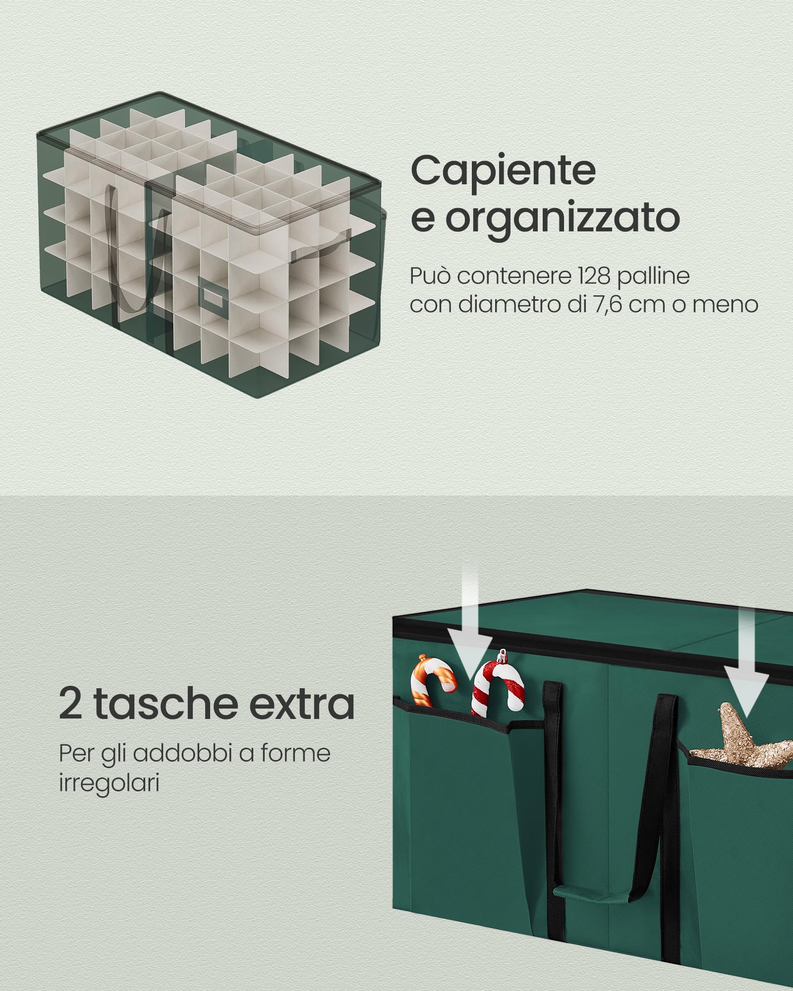 SONGMICS Contenitore per Palline di Natale, 128 Scomparti da 7,6 cm, Scatola Impilabile Decorazioni Natalizie con Coperchio, Doppia Cerniera Lampo, Divisori Regolabili, Verde Foresta RFB039C01