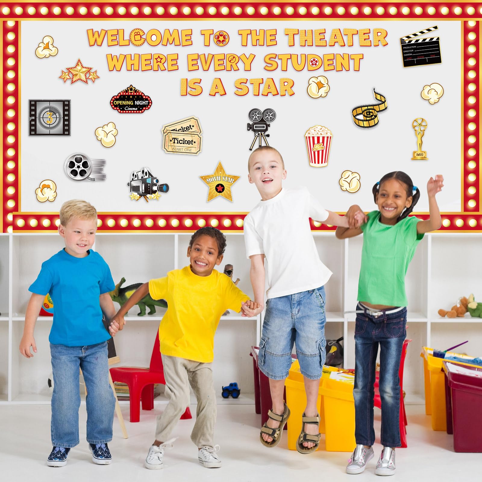 Mooliwe Juego de 93 tableros de anuncios de película, kit de decoración de noche de cine, tablero de anuncios de noche de cine, bordes de fiesta de cine, decoración de cine para el hogar, aula,