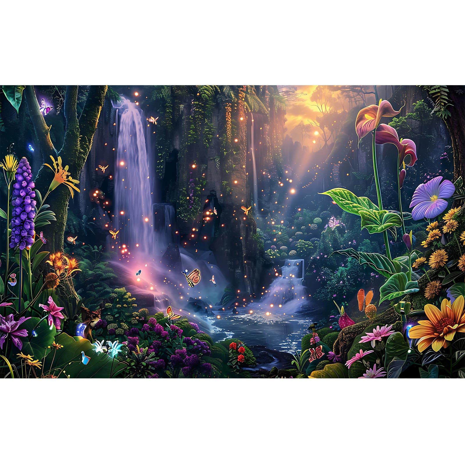 Fantasy Garden Aquarium Background Waterfall Tropical Forest Terrarium Backdrop Lush Moss Rainforest Flowers Sunlight Butterfly Fish Tank Background Tank Aquarium Wallpaper Poster Vinyl 72x24in