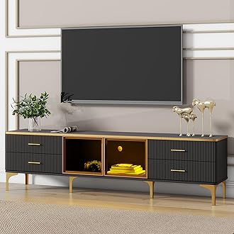 Merax Stylish LED TV Stand for Televisions Up to 78'', Entertainment Center with Brown Glass Storage Cabinet, Marble-veined Table Top, Golden Legs & Handles for Living Room, Black