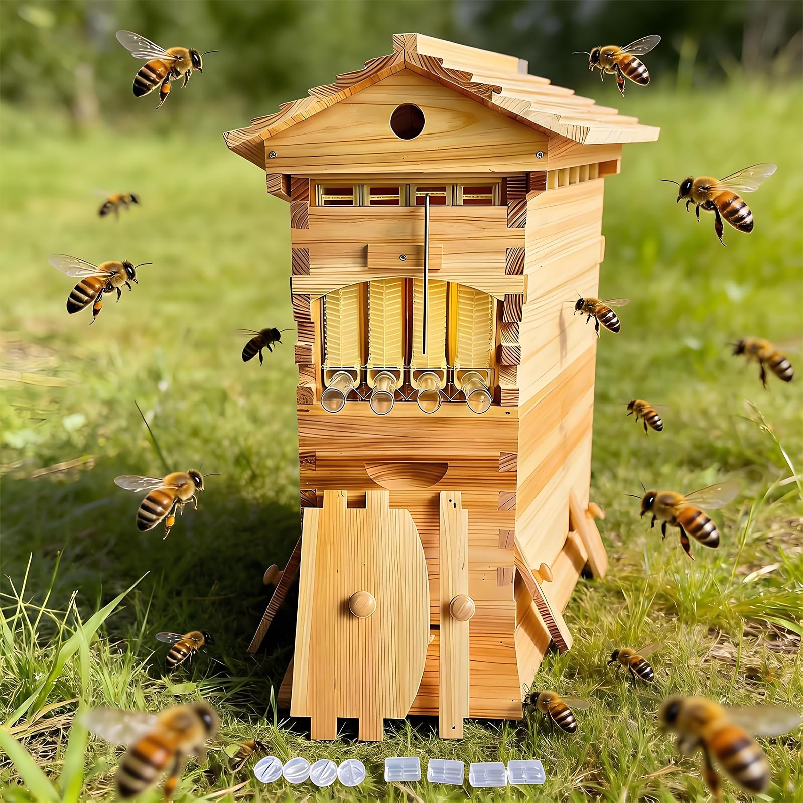 Equipo de Apicultura autofluyente, Kit Completo de Colmena para Principiantes, con 4 Marcos de Panal autofluyentes y 6 Cajas de cría, Capacidad para 6000 Abejas,para Exteriores