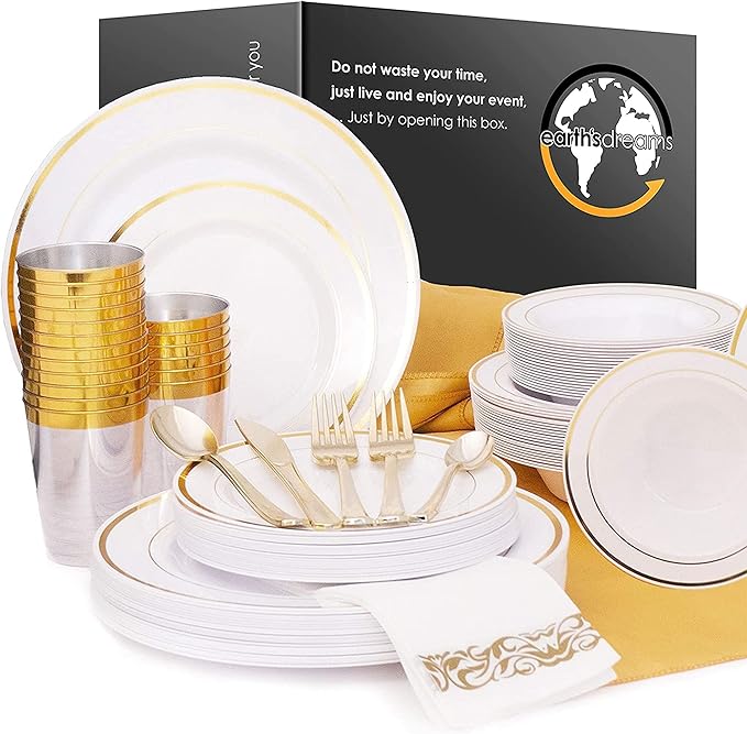 Earth's Dreams [301 Piece] 25 Guest Gold Disposable Plastic Dinnerware Set - Gold Plastic Plates Or Wedding Plates - Fancy Plastic Plates for Party - Plates, Cups, Napkins, Plasticware &amp; Table Runner