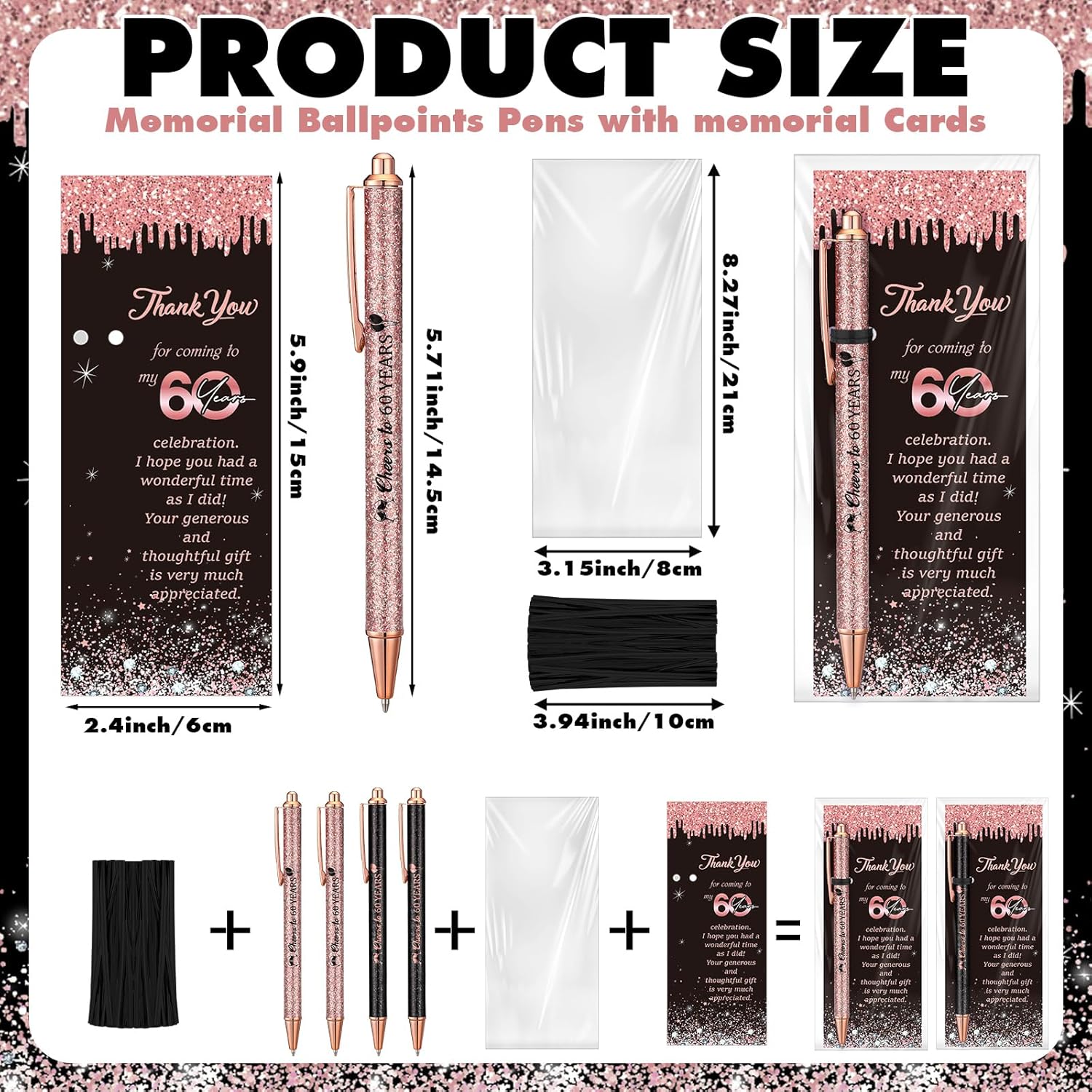 30 Sets 60th Birthday Supplies for Guests Include 30 Cheers to 60 Years Ballpoint Pens with 30 Thank You Cards 50 Organza Bag and 50 Twist Tie Office School Birthday Anniversary Party Favors - Image 2