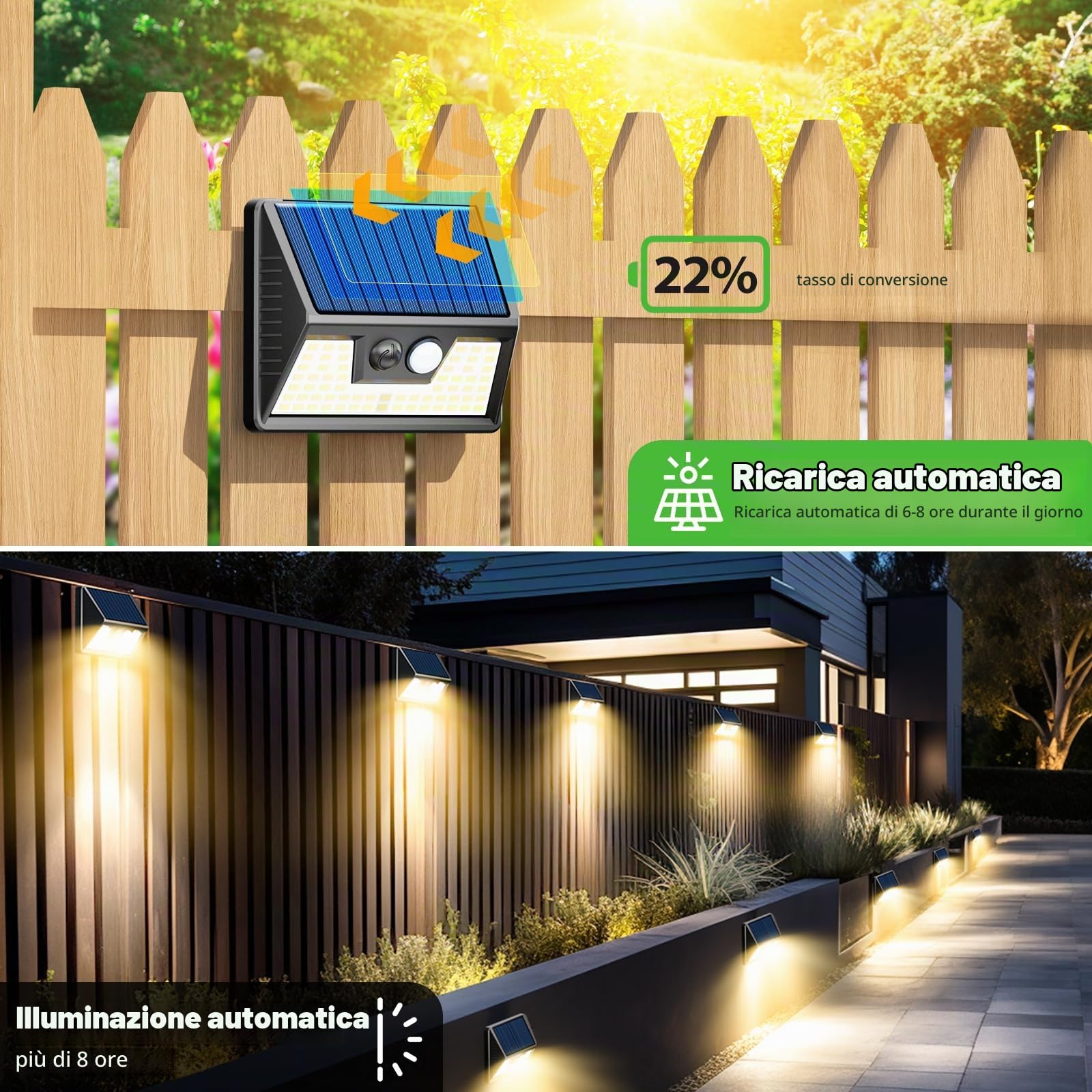 nipify Faretto Led da Esterno Solare，8 Pezzi Luce Solari Esterno con Sensore di Movimento, 3 Modalità Impermeabile Faretti Solare per Giardino, Cortile, Patio, Garage, Parete (Bianco Caldo)