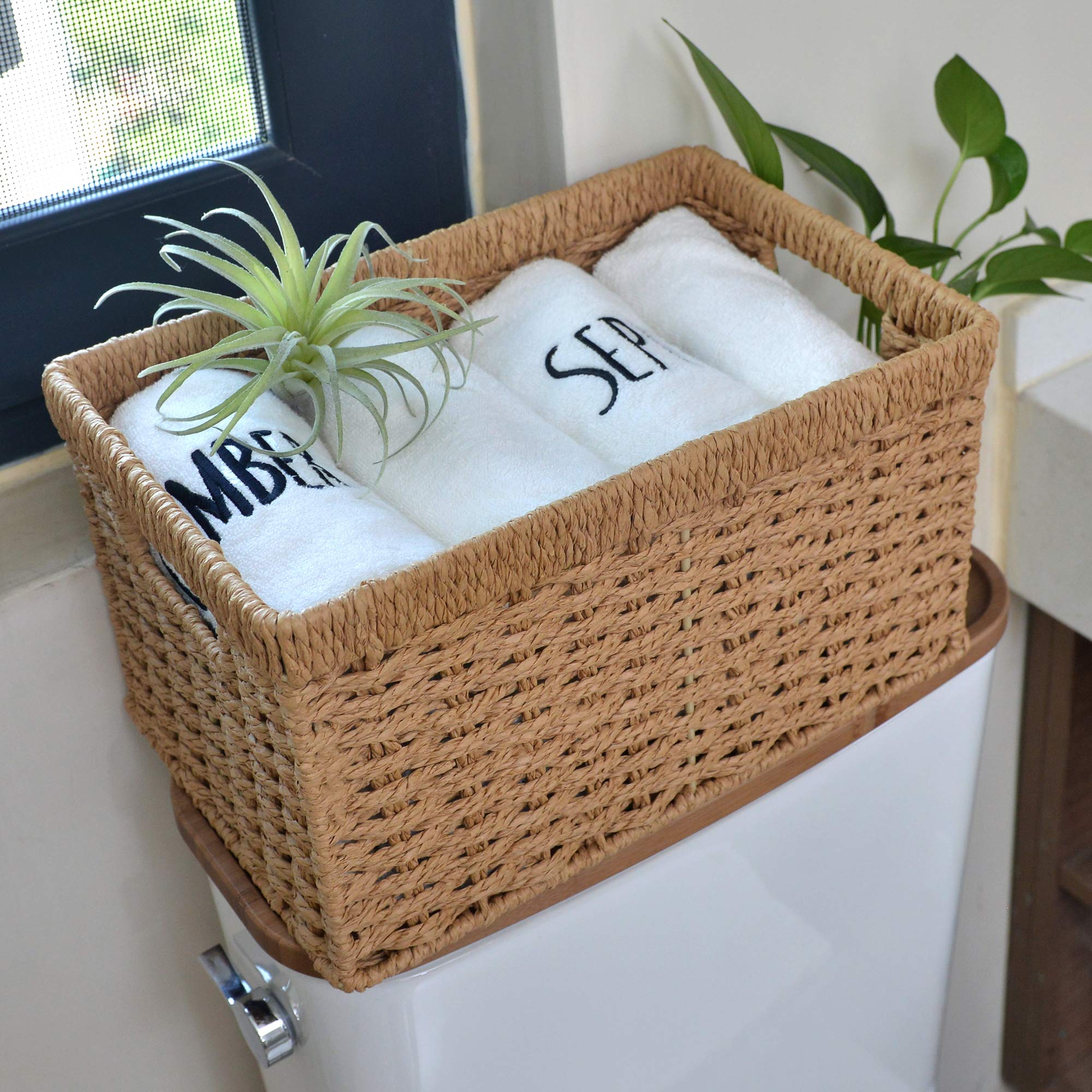 StorageWorks Round Paper Rope Storage Baskets, Rectangular Wicker Baskets with Built-in Handles, Medium, 13” x 8.3” x 7.1”, 2-Pack