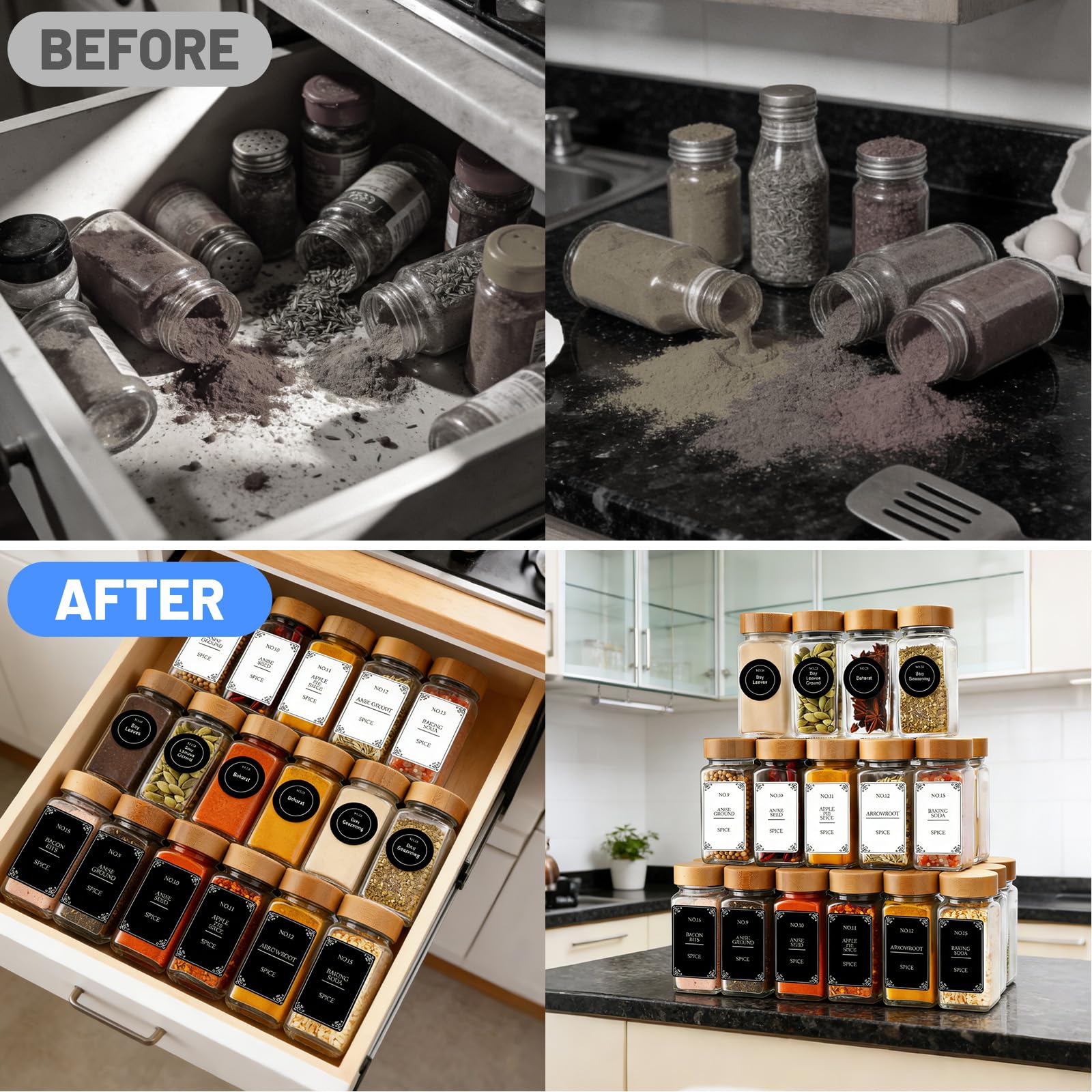 24 Pot à Épices en Verre de 120 ml avec Couvercles, Rangement pour Epices de Cuisine, Bocaux Carrés Hermétiques avec Entonnoir et 648 Étiquettes, Convient pour Le Camping