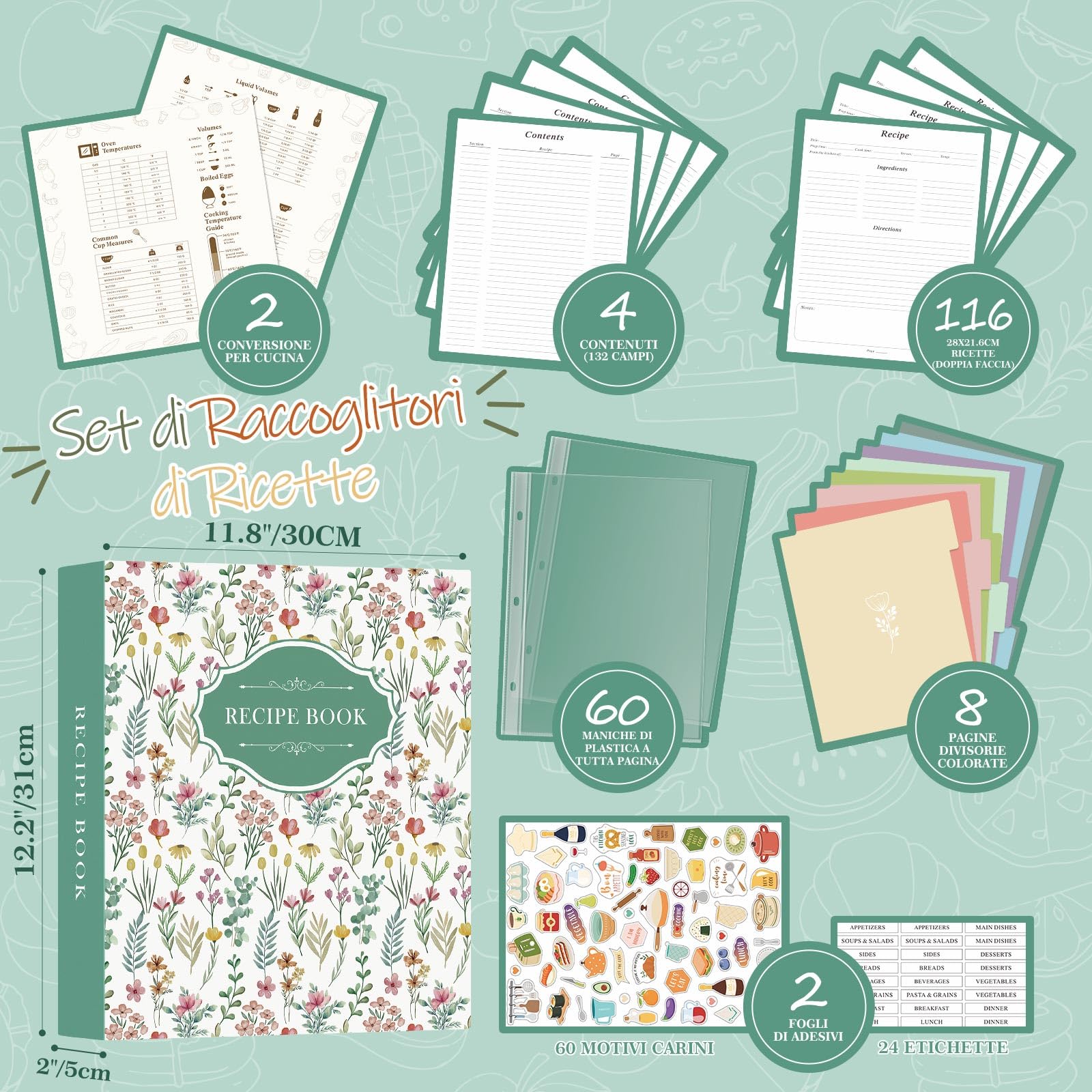 Lanpn Raccoglitore per Ricette, libro Ricettario a 3 Anelli Quaderno per Ricette da Scrivere con 8 Divisori & 2 Adesivi, Recipe Binder Cook Book Journal to Write in Your Own Recipes, Verde, Inglese