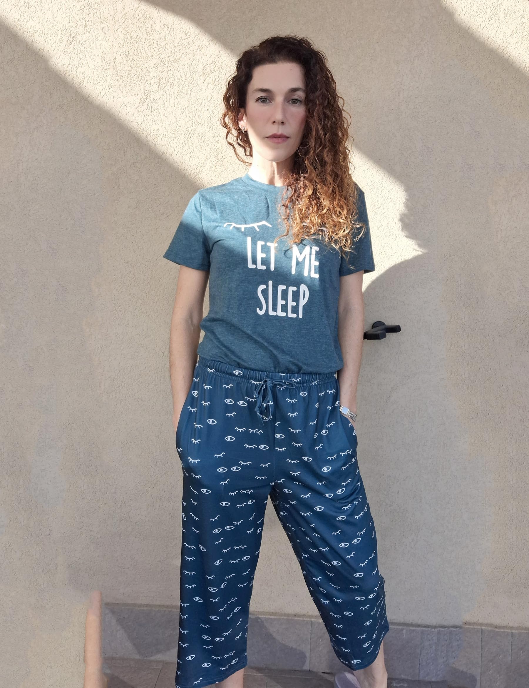 Uniexcosm Pijama de Mujer Algodón Pijama de Dos Piezas Gatos Verano Manga Corta Pijamas Mujer Ropa de Dormir Top y 3/4 Pantalones
