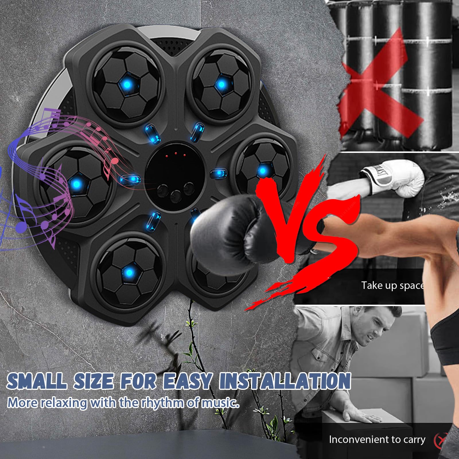 Machine de Boxe Musicale Enfants, Machine de Boxe Murale Intelligente Bluetooth avec Gants,3 Vitesses et Comptage Automatique, Cadeaux de Boxe pour Noël, Anniversaire (C-Black)