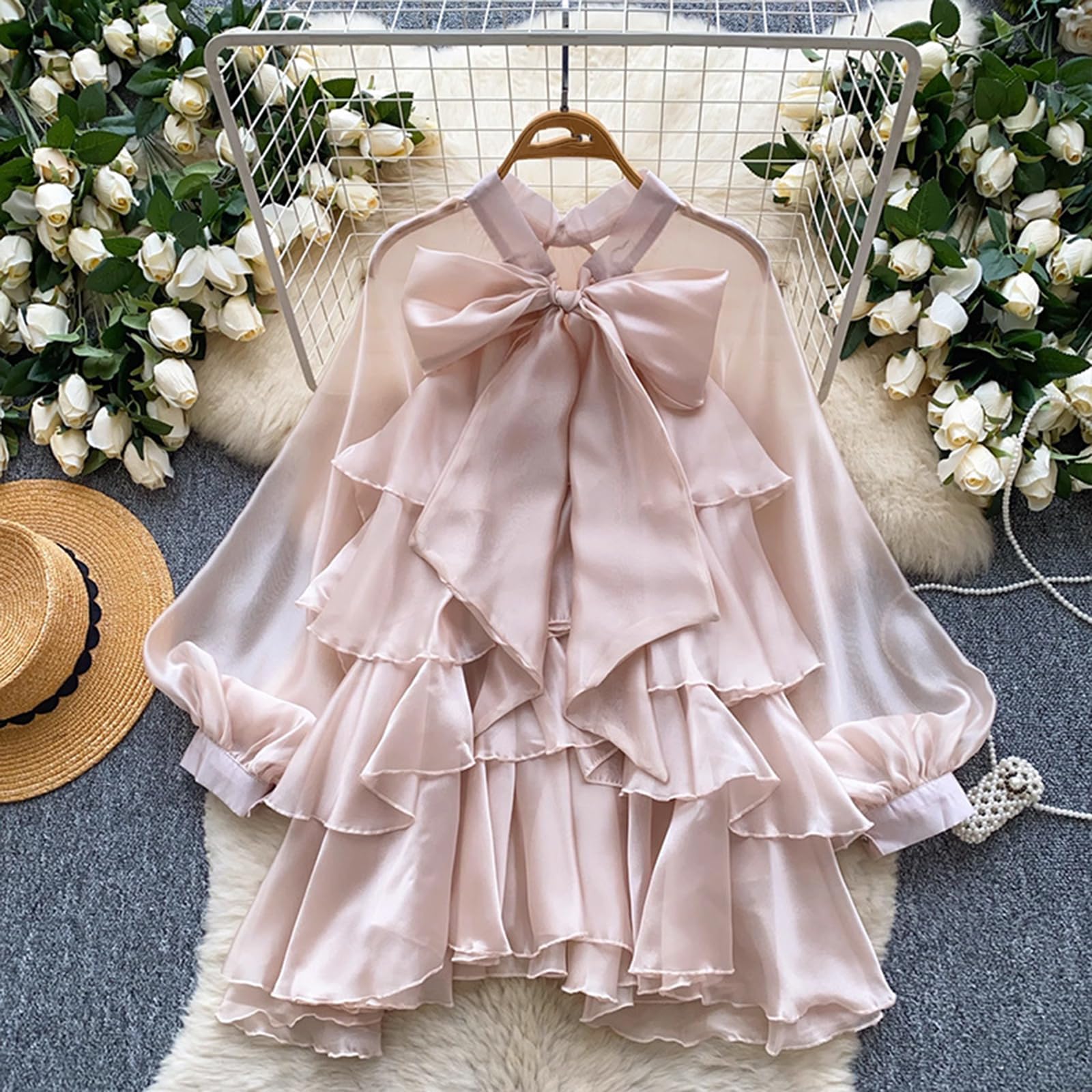 Blouse femme élégante à volants avec col noué, manches longues lanternes et volants superposés, chemise tendance pour le travail