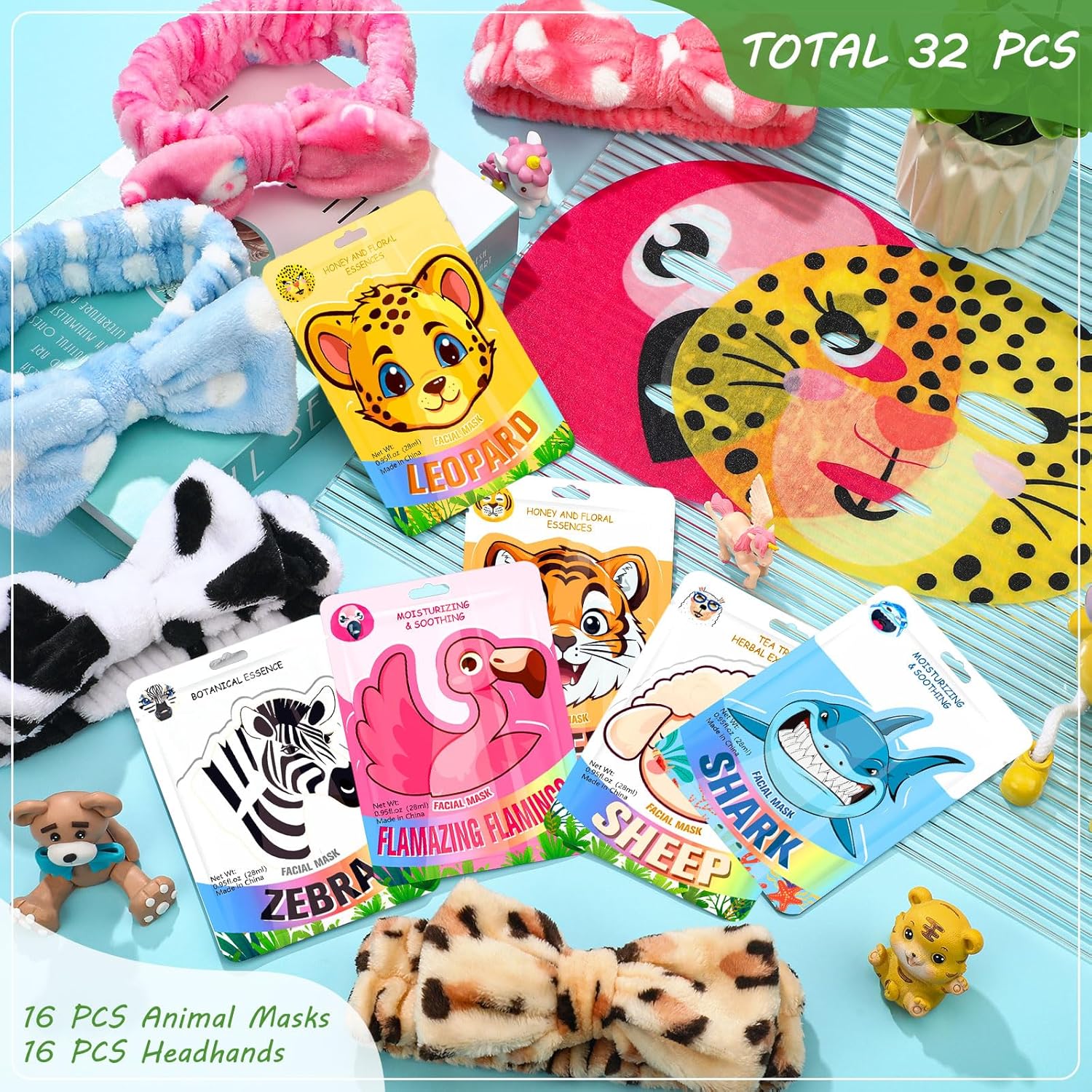 32 Pcs Animal Face Masks Skincare for Girls Women with Bow Makeup Headband Animal Character Spa Sheet Facial Mask for All Skin Types Girls Night Birthday Party Gifts