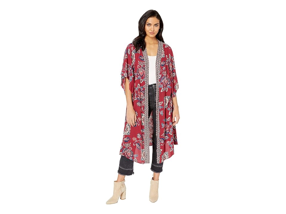 

Angie Floral Printed Kimono with Border (Cranberry) Women's Clothing