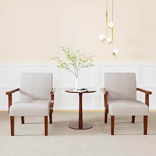 Juego de 2 sillas decorativas de tela, sillas auxiliares de tela de lino sin brazos con mesa auxiliar redonda de madera, moderna silla tipo