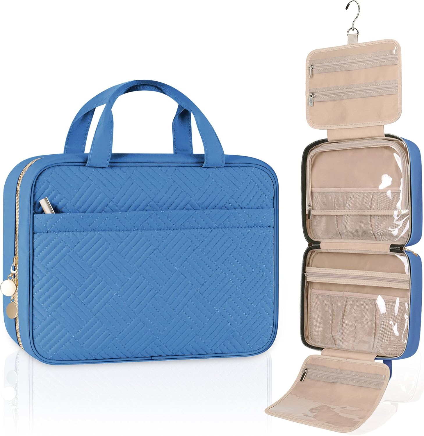 Travel Toiletry Bag for Women, Water-Resistant Makeup Cosmetic Bag, Hanging Travel Organizer for Traveling, Accessories, Shampoo, Toiletries, Small Blue Medium Blue