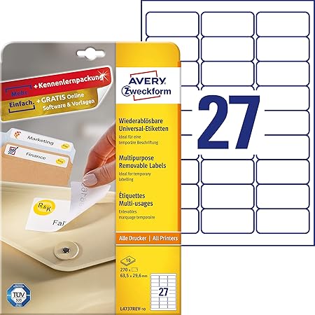 Avery Zweckform L4737rev 10 Universal Etiketten 270 Klebeetiketten 63 5x29 6 Mm Auf A4 Wieder Ruckstandsfrei Ablosbar Abziehbar Individuell Bedruckbare Selbstklebende Aufkleber 10 Blatt Weiss Amazon De Burobedarf Schreibwaren