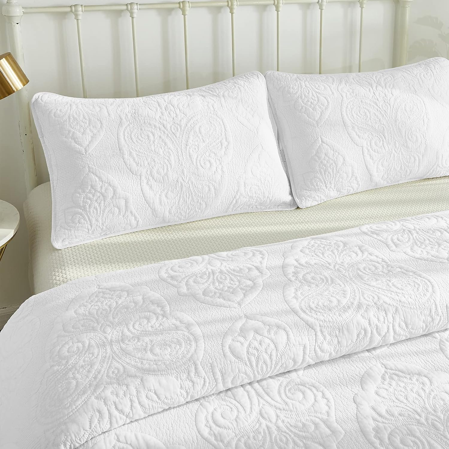 Brandream White Paisley Quilted Pillow Shams Cotton Standard Size Pillow Cases Set of 2 Comfy Soft Decorative Pillow Covers - Image 6