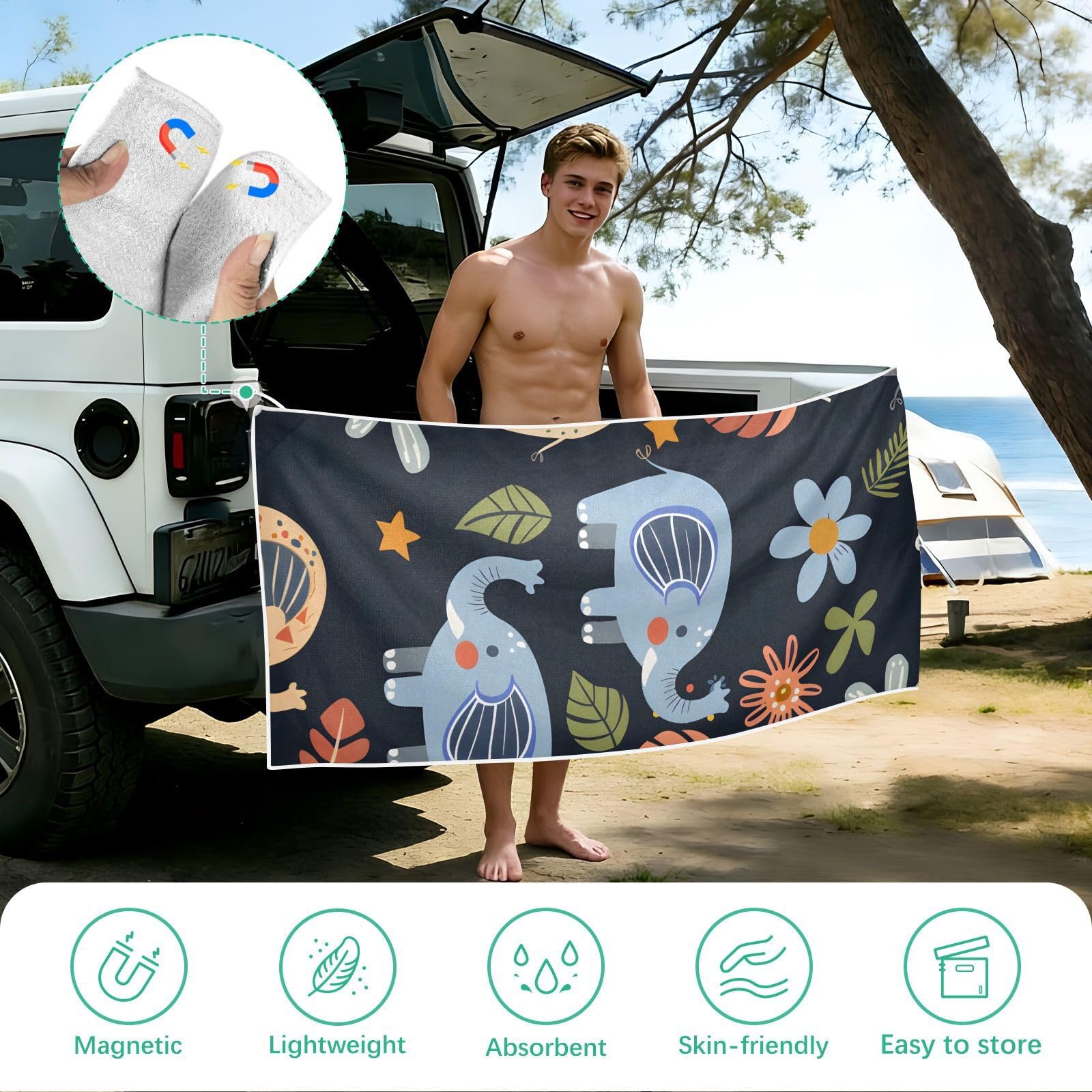 Grandes serviettes de plage avec sacs en maille pour adultes, petit éléphant et étoiles, serviette de bain avec fermeture magnétique, anti-sable, absorbante à séchage rapide, pour piscine
