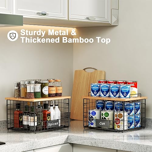 Miniatura 8 de Paquete de 2 cestas apilables de alambre con parte superior de bambú para organizadores y almacenamiento de despensa, cesta XXL para almacenamiento