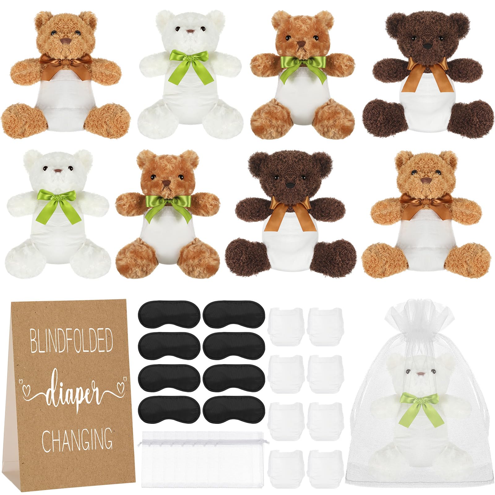 Chicingyou Juego de 8 juegos para cambiar pañales con los ojos vendados con los ojos vendados, 8 pañales de felpa de oso, 8 bolsas de regalo para baby shower, revelación de género, juego de fiesta de