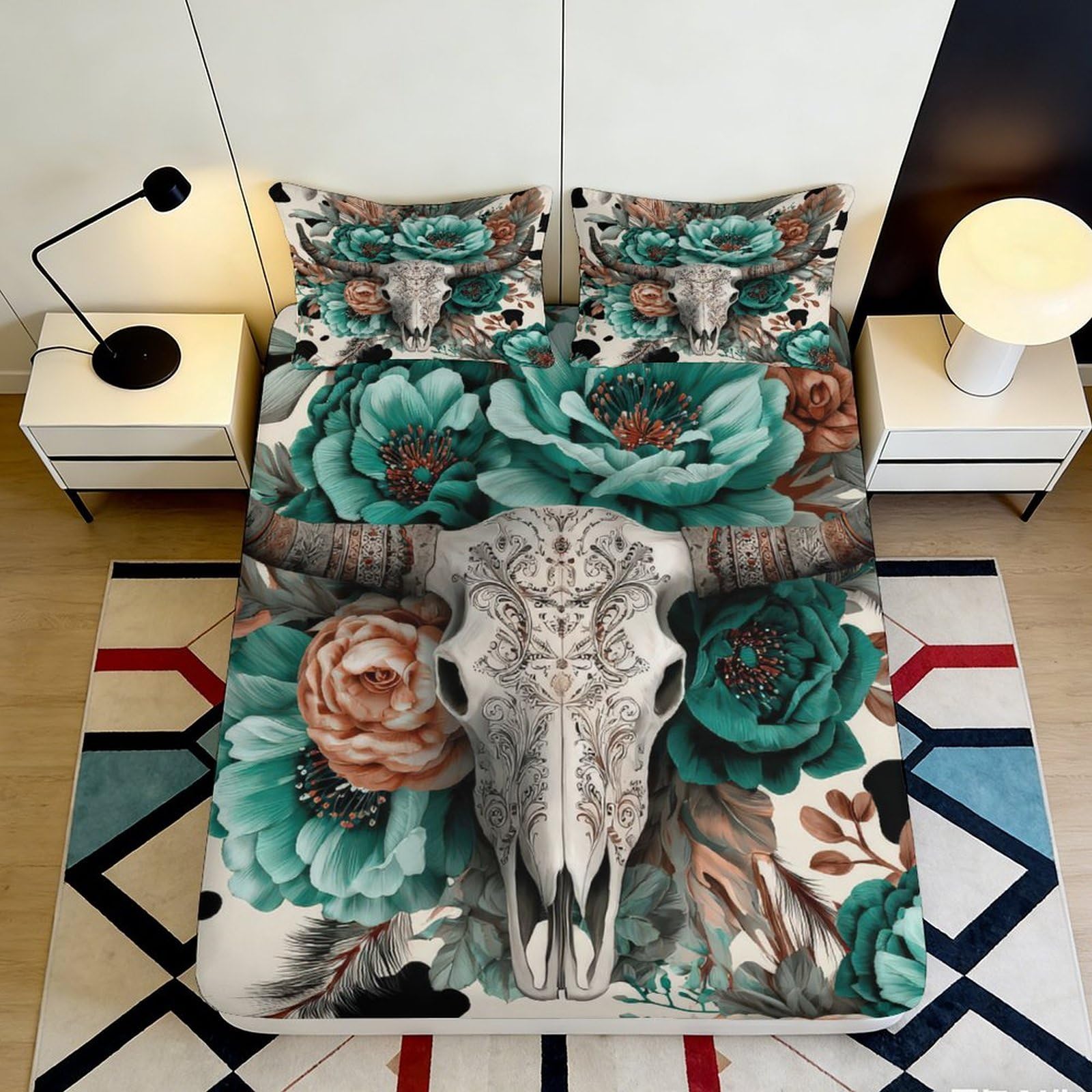 Zfldkwgb Style-1 3D Printed Bull Skull Floral Fitted Sheet Microfiber Soft Breathable Western Boho Mattress Cover Bedroom Decor 90X200x25cm