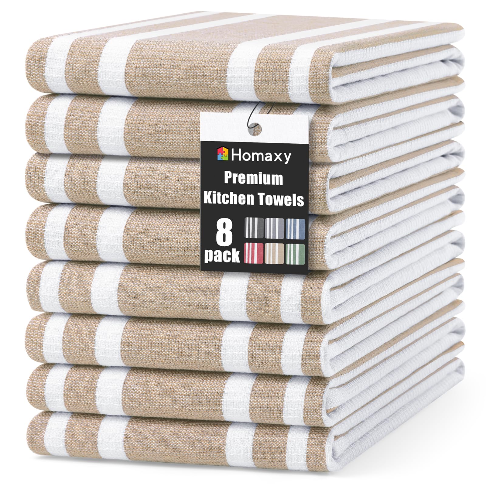 Homaxy Lot de 8 grands torchons de cuisine de qualité supérieure 45,7 x 71,1 cm, en coton de 380 g/m², torchons de cuisine à rayures et en éponge, très absorbants, avec boucle de suspension, kaki