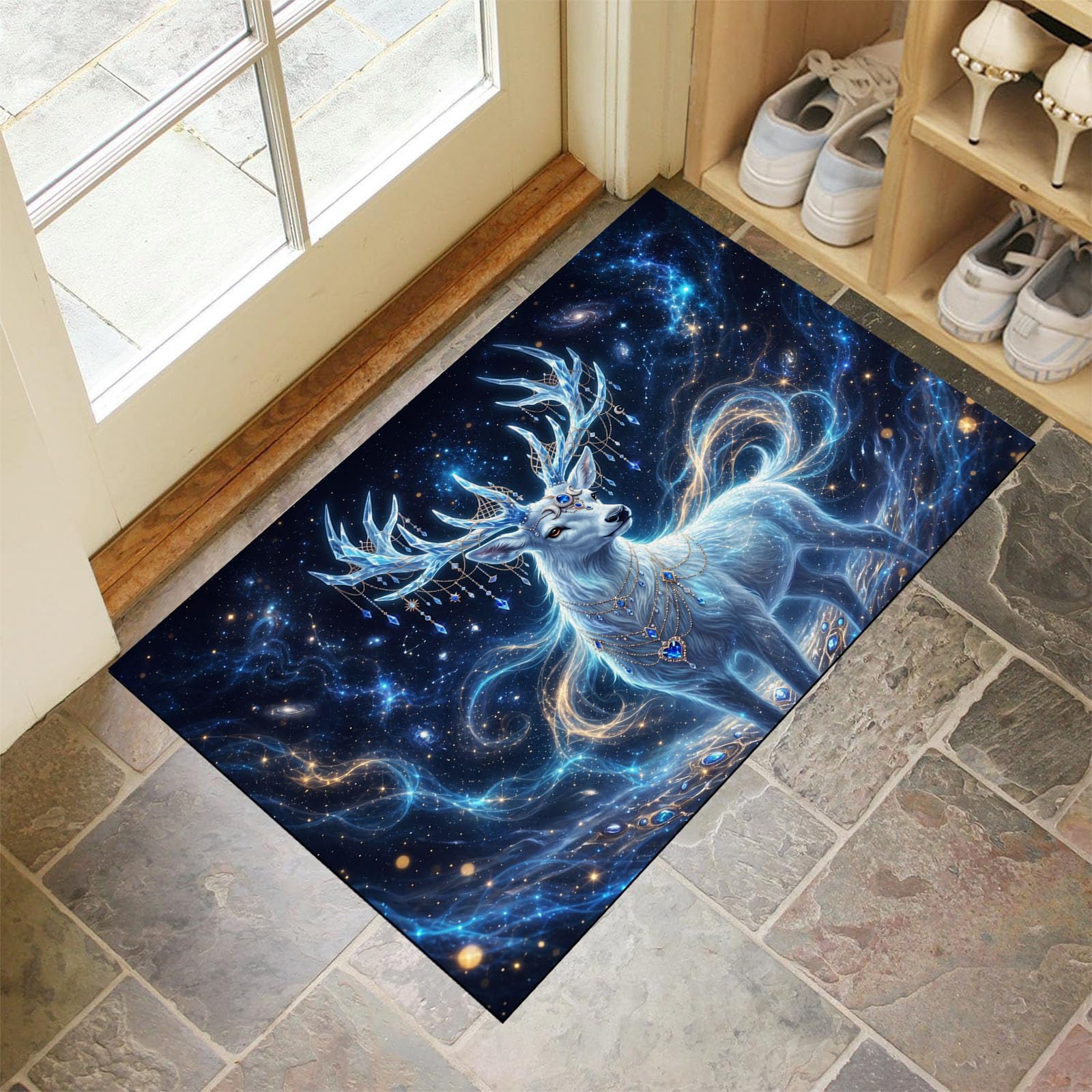 Felpudo Entrada Casa Antideslizante Reno Cristal Misterioso Para Interiores,Alfombras Entrada Fino Lavable,Animales Fantásticos Cielo Estrellado Alfombrilla Absorbente Para Pasillo,80X120Cm,Azul