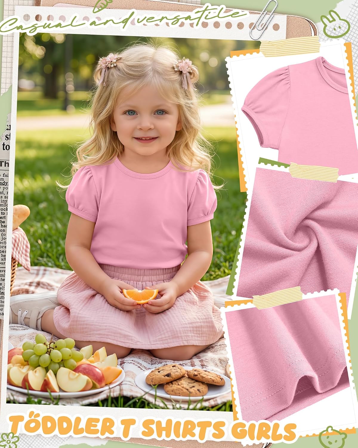 3 Pack Toddler Girls' Shirts 18M-5T Basic Cute Short Puff Sleeve Baby Clothes Summer Crew Neck Tops Casual Tees